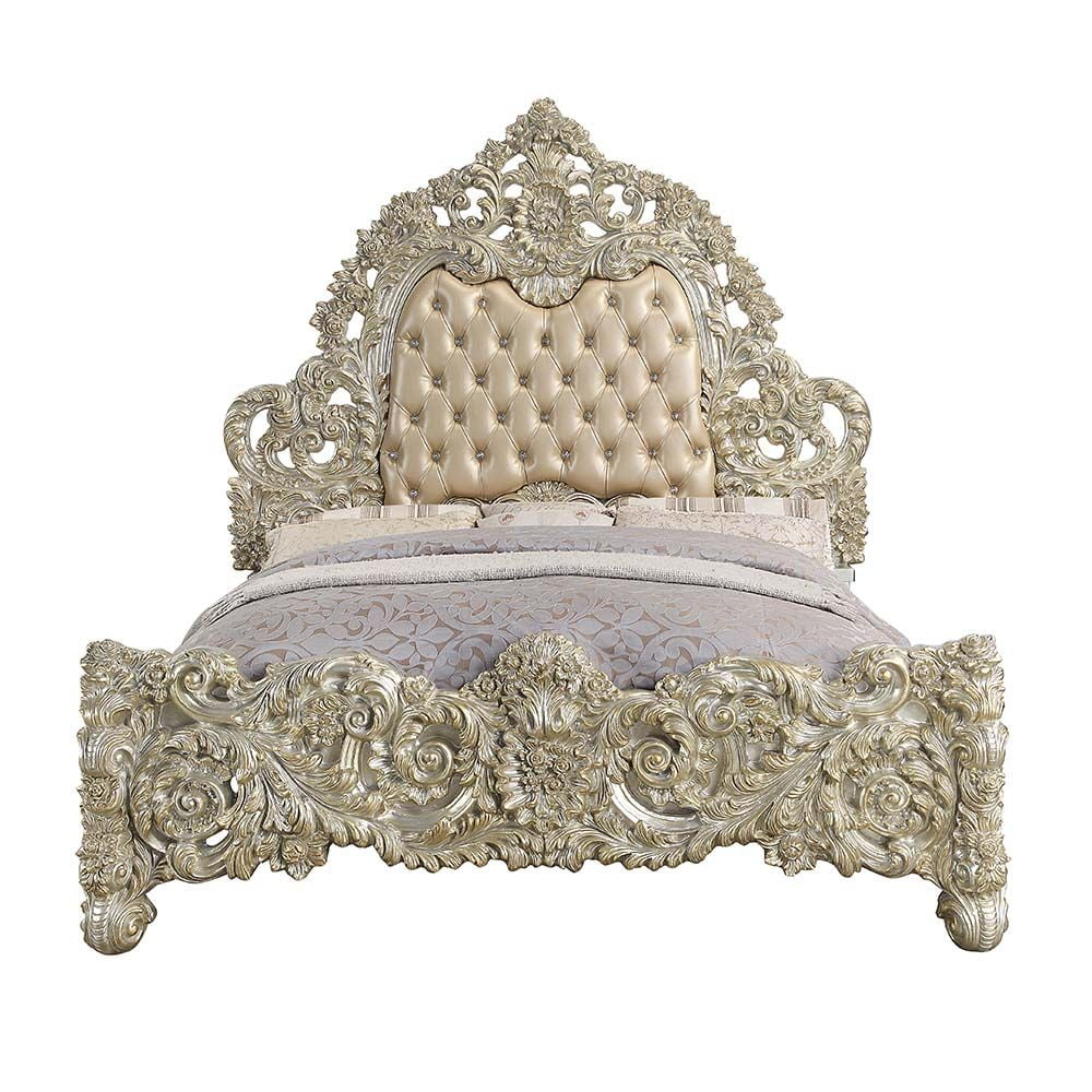 Acme Sorina Eastern King Bed, Light Brown PU, Antique Gold Finish