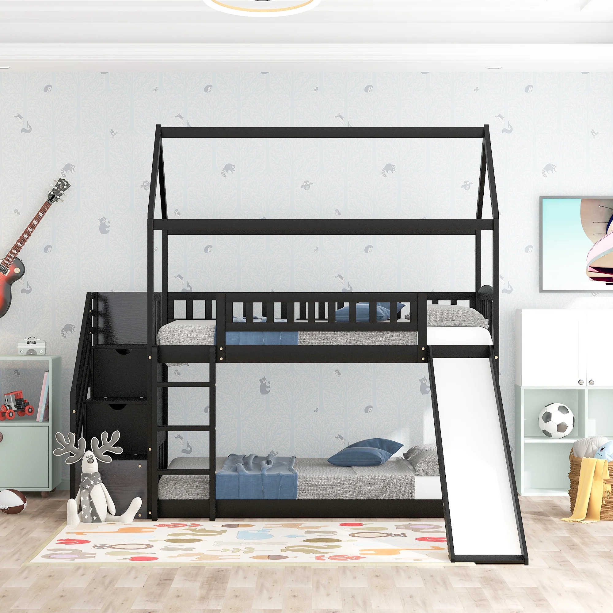 Espresso Twin Over Twin House Bunk Bed with Two Drawers and Slide