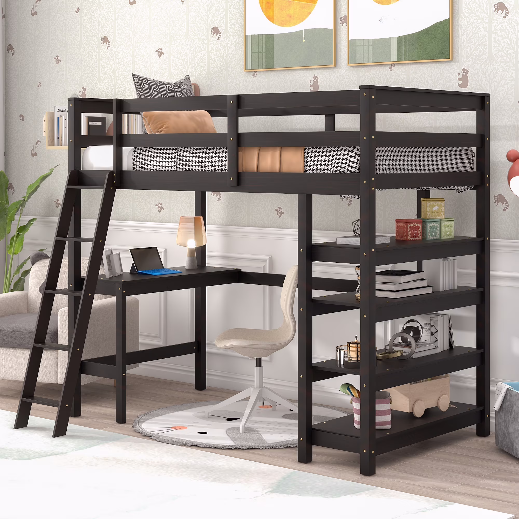 Pouseayar Twin Size Loft Bed with Desk & 4-Storage Shelves for Teenagers, Adults,Espresso