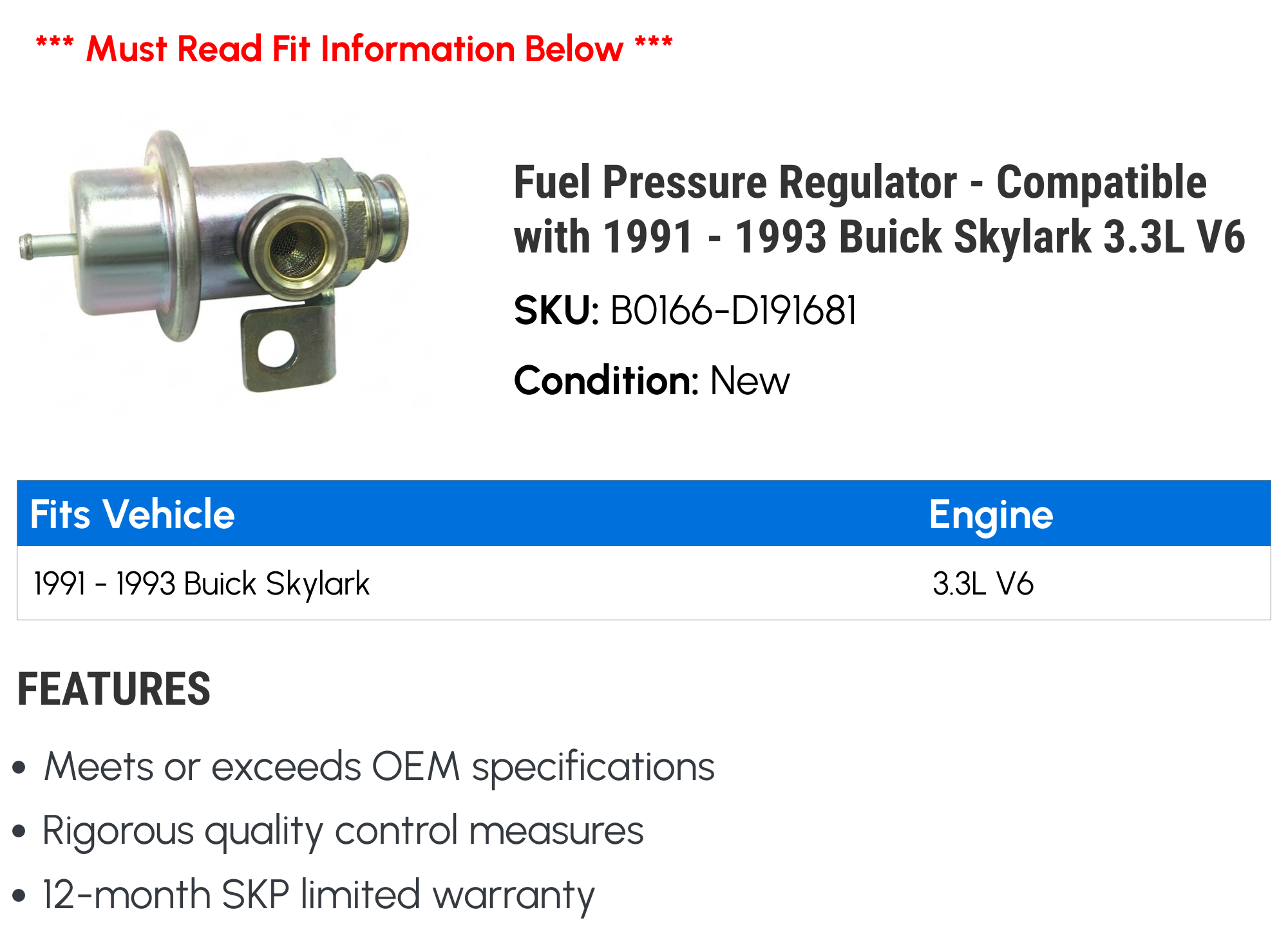 Fuel Pressure Regulator - Compatible with 1991 - 1993 Buick Skylark 3.3L V6 1992