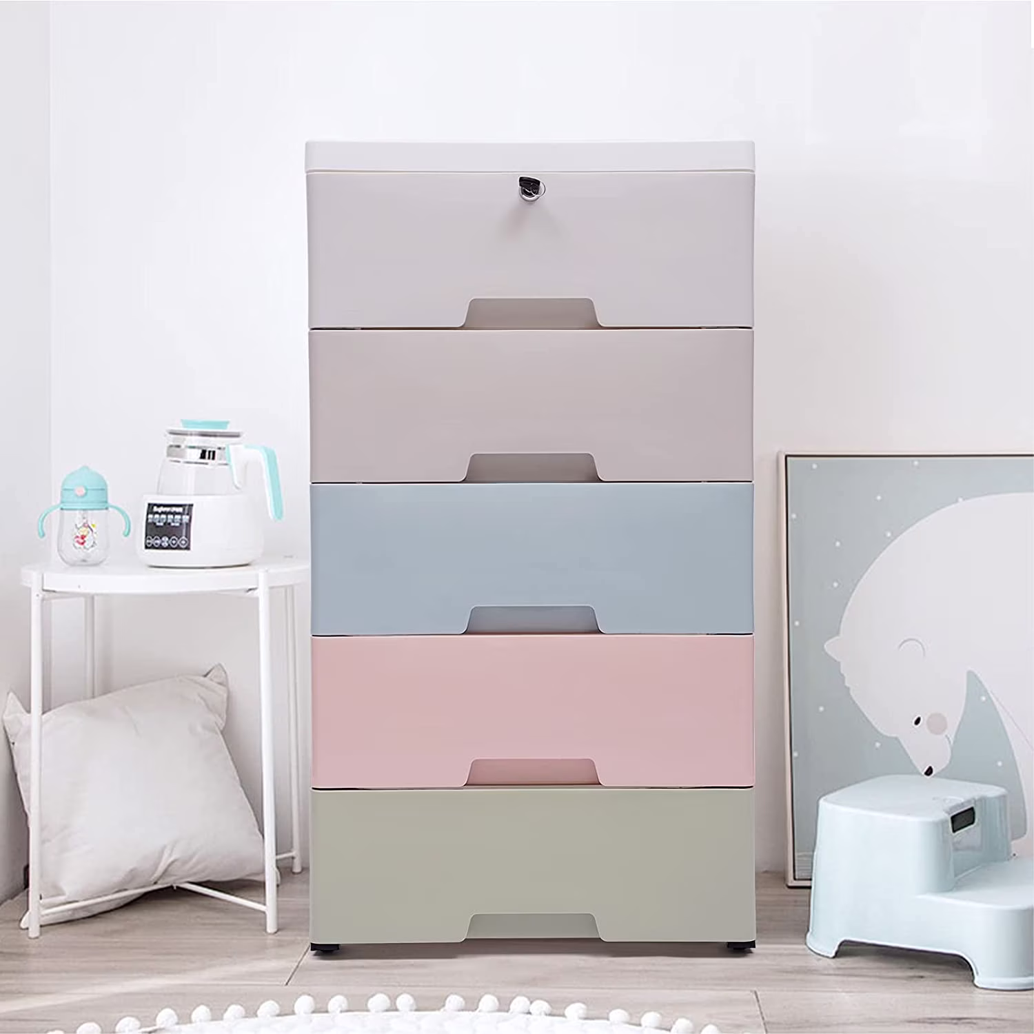 MONIPA 5 Drawers Plastic Drawers Dresser Storage Cabinet Tall Dresser Organizer, Vertical Clothes Storage Tower for Clothes, Toys, Playroom, Bedroom Furniture (Macaron with lock)