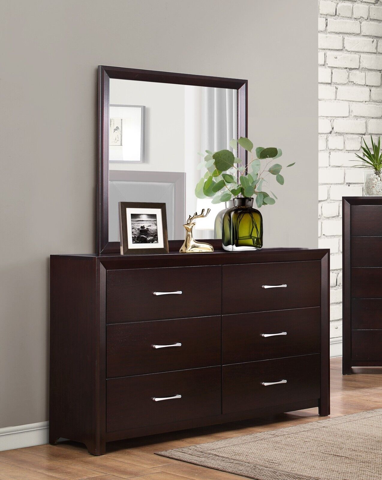 Contempoarary Style Bedroom 4pc Set Twin Size Bed Nightstand Dresser Mirror Espresso Finish Furniture