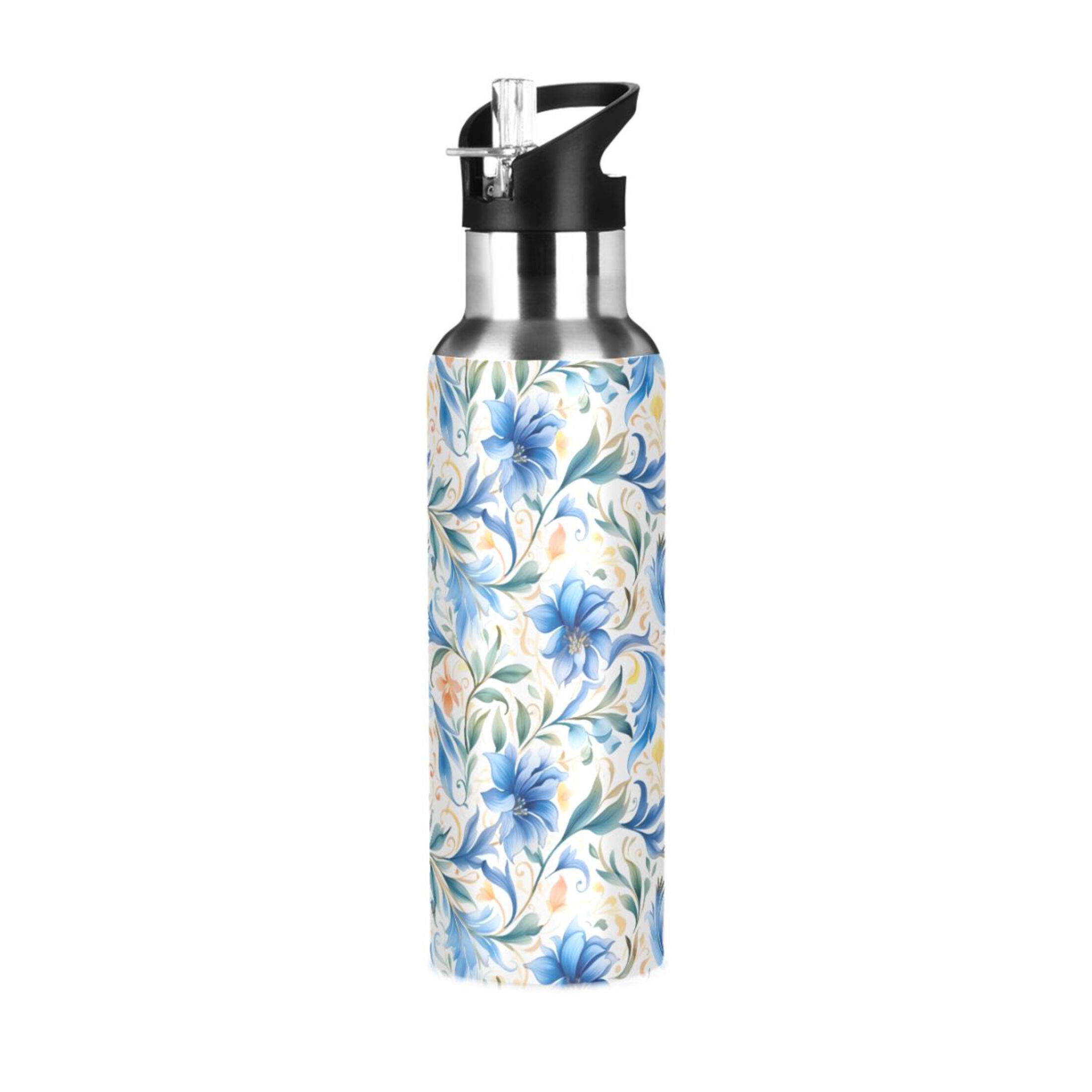 Water Bottle with Straw Lid Leak Blue Flowers Floral Stainless Steel Insulated Thermos Vacuum Flask for Cold Hot Drinking for Sports Camping Gym Yoga
