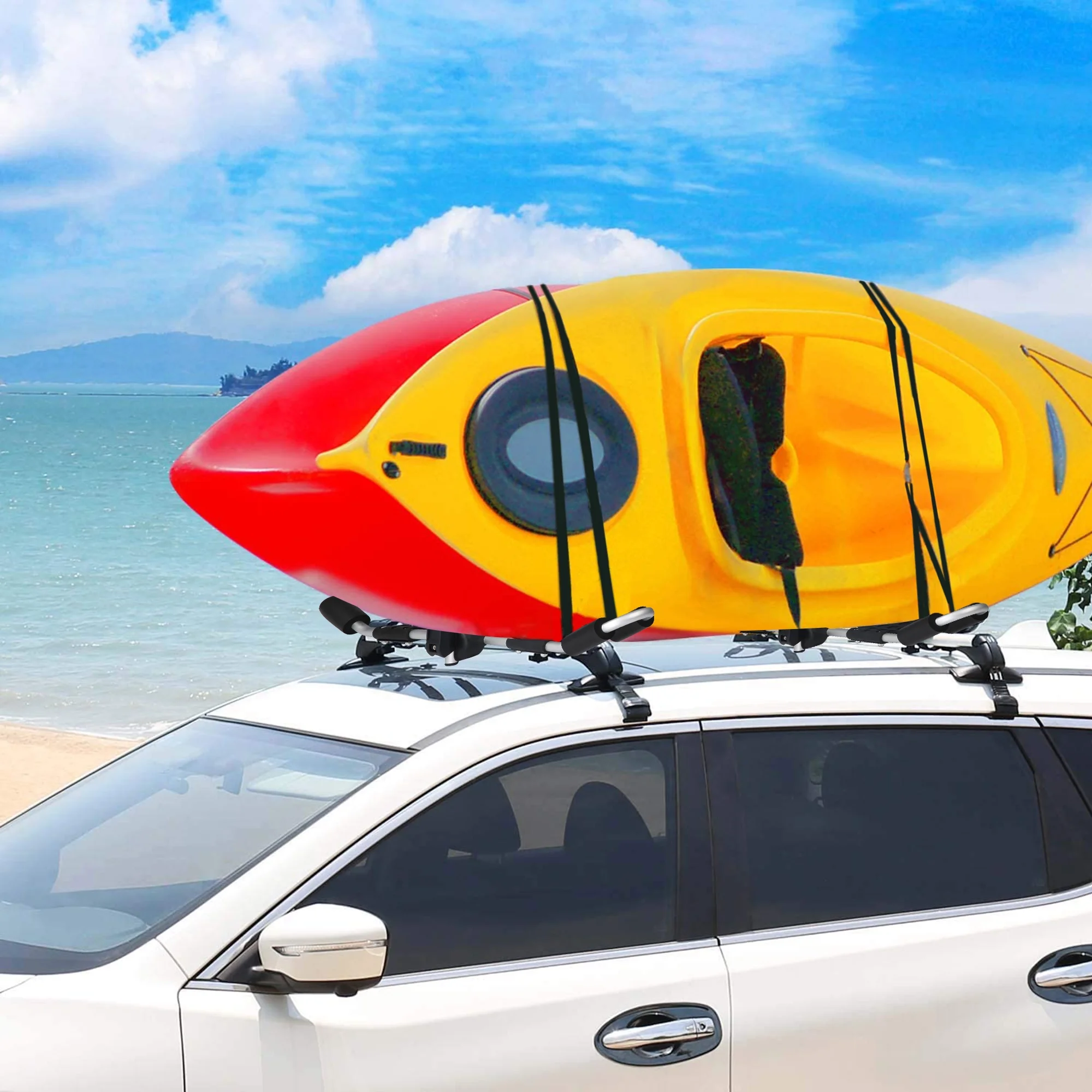 KARMAS PRODUCT 2 in 1 Kayak Roof Rack for 2 Kayaks - Folding Bilateral Car Racks for Canoe, SUP, Surfboard, Ski Board, Kayak J-Bar Storage on SUV and Truck Crossbar