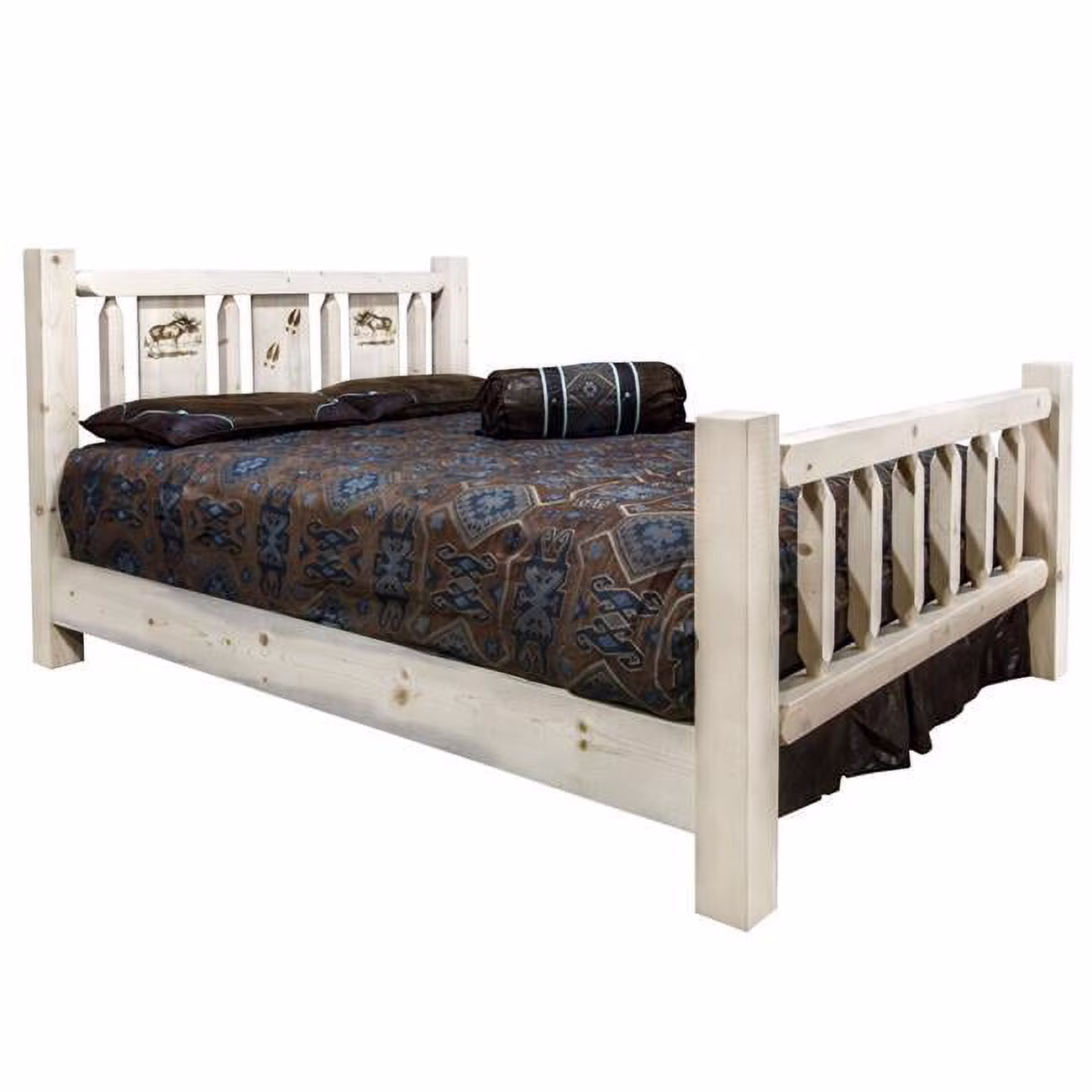 Homestead Collection Full Size Bed with Laser Engraved Moose Design, Clear Lacquer Finish