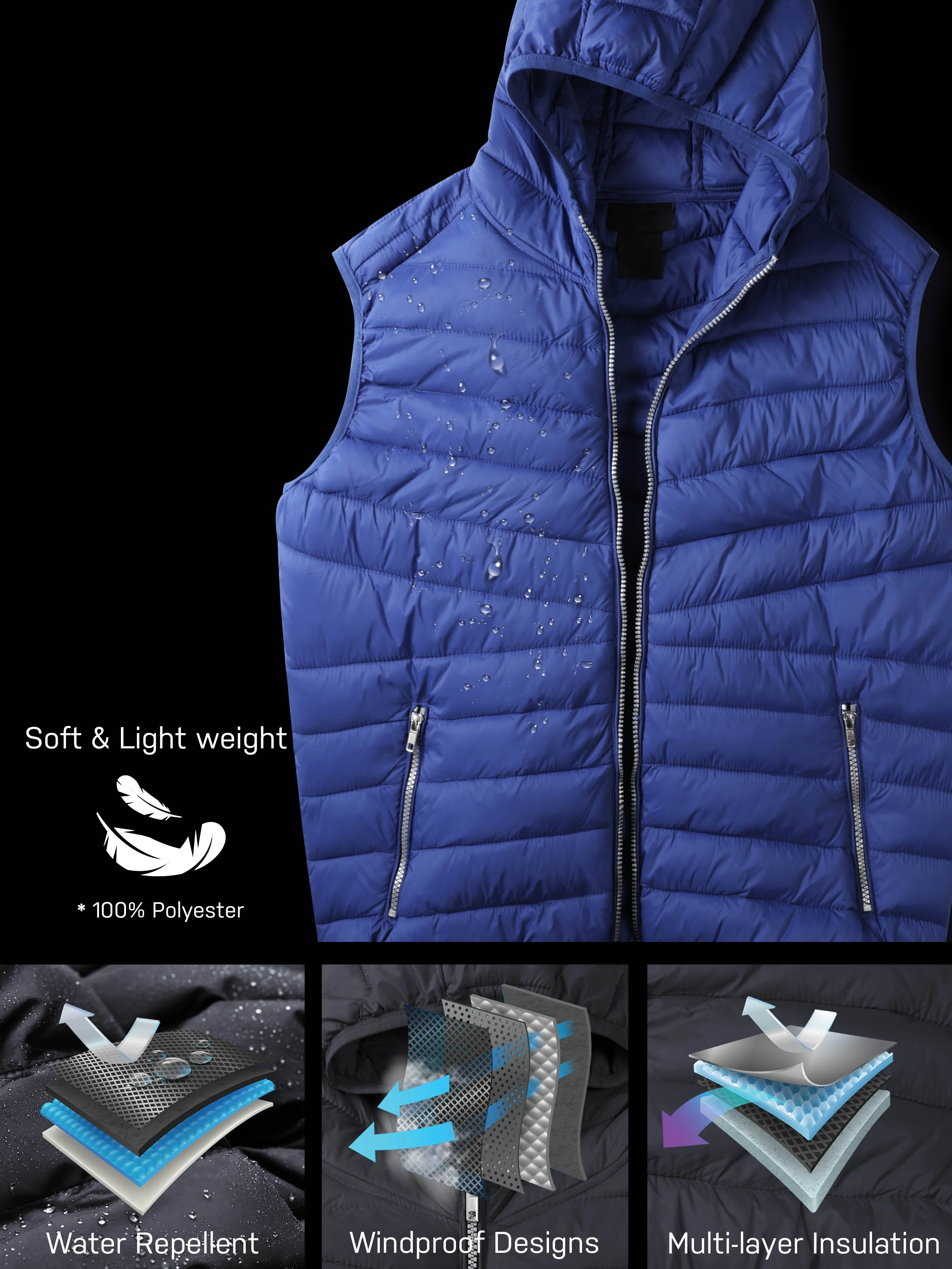 Ma Croix Mens Ultra Light Puffer Down Hooded Vest Polyester Padded Packable All Season Vest