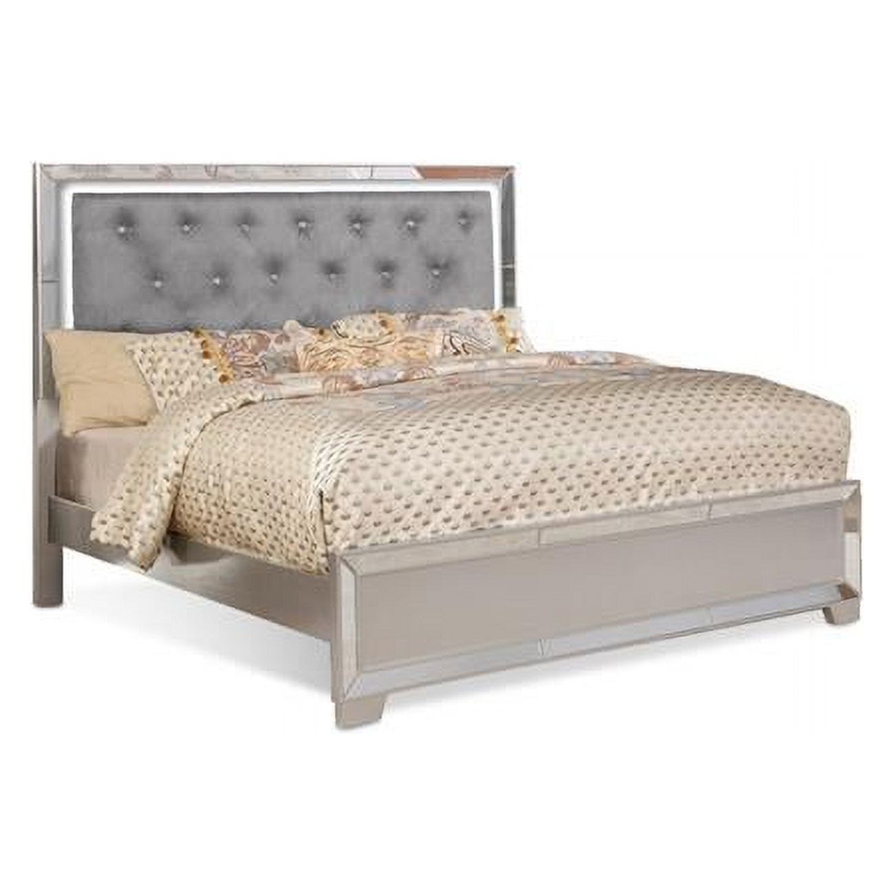 Eli Crystal Tufted Bed - LED, Mirror Inlays & Wood, Gray Velvet & Silver - Queen Size