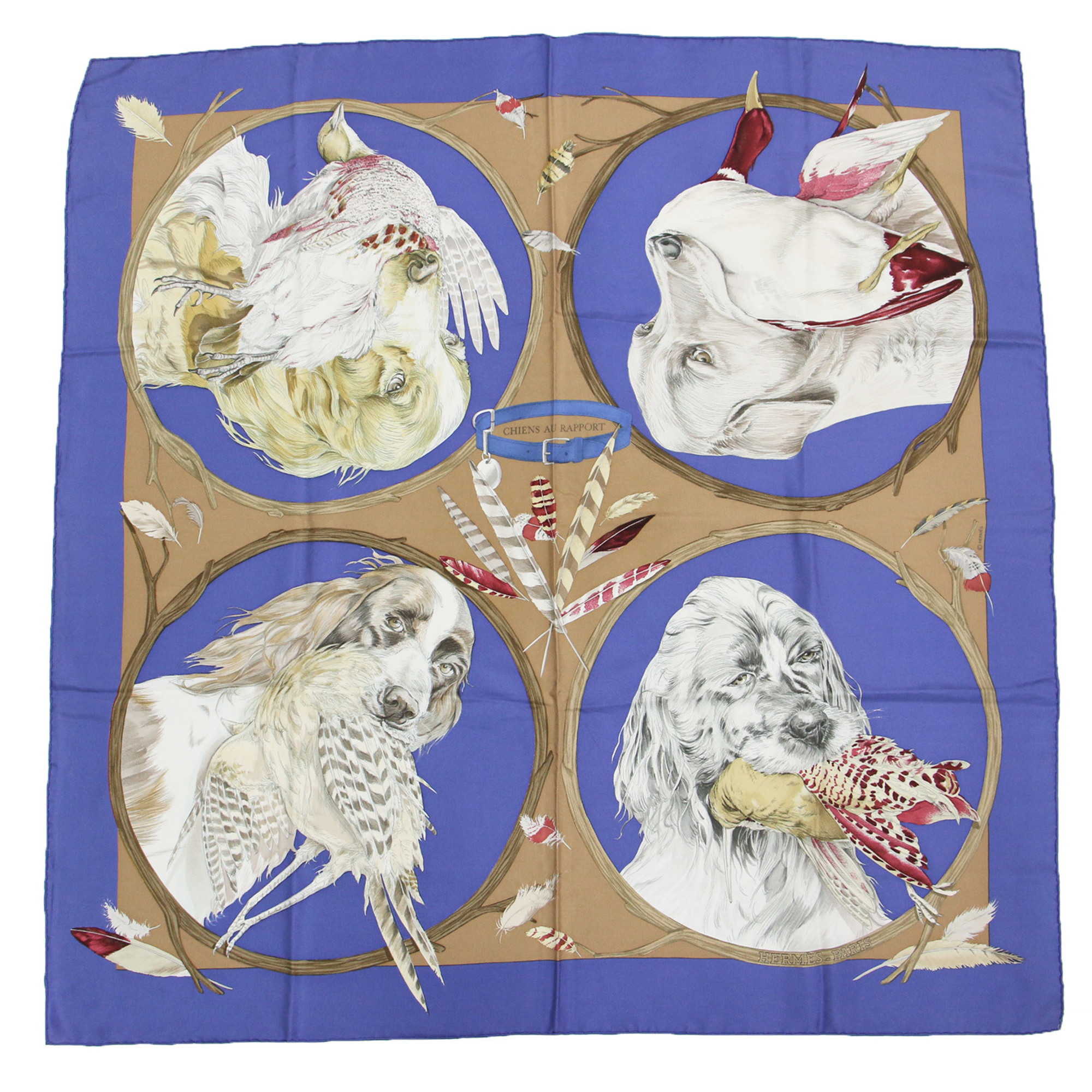 Pre-Owned HERMES Muffler/Scarf Large Silk Blue Square Print Carre90 CHIENS AU RAPPORT Hound VINTAGE (Good)