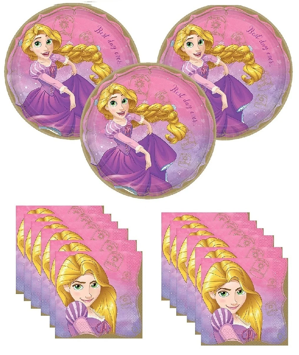 Disney Tangled Rapunzel Princess Birthday Party Supplies Decoration Bundle Pack includes16 Lunch Plates, 16 Napkins, 1 Glitter Centerpiece, 3 Hanging Swirl Cutouts, 3 Hanging Fans, 1 Sash,&nbsp;