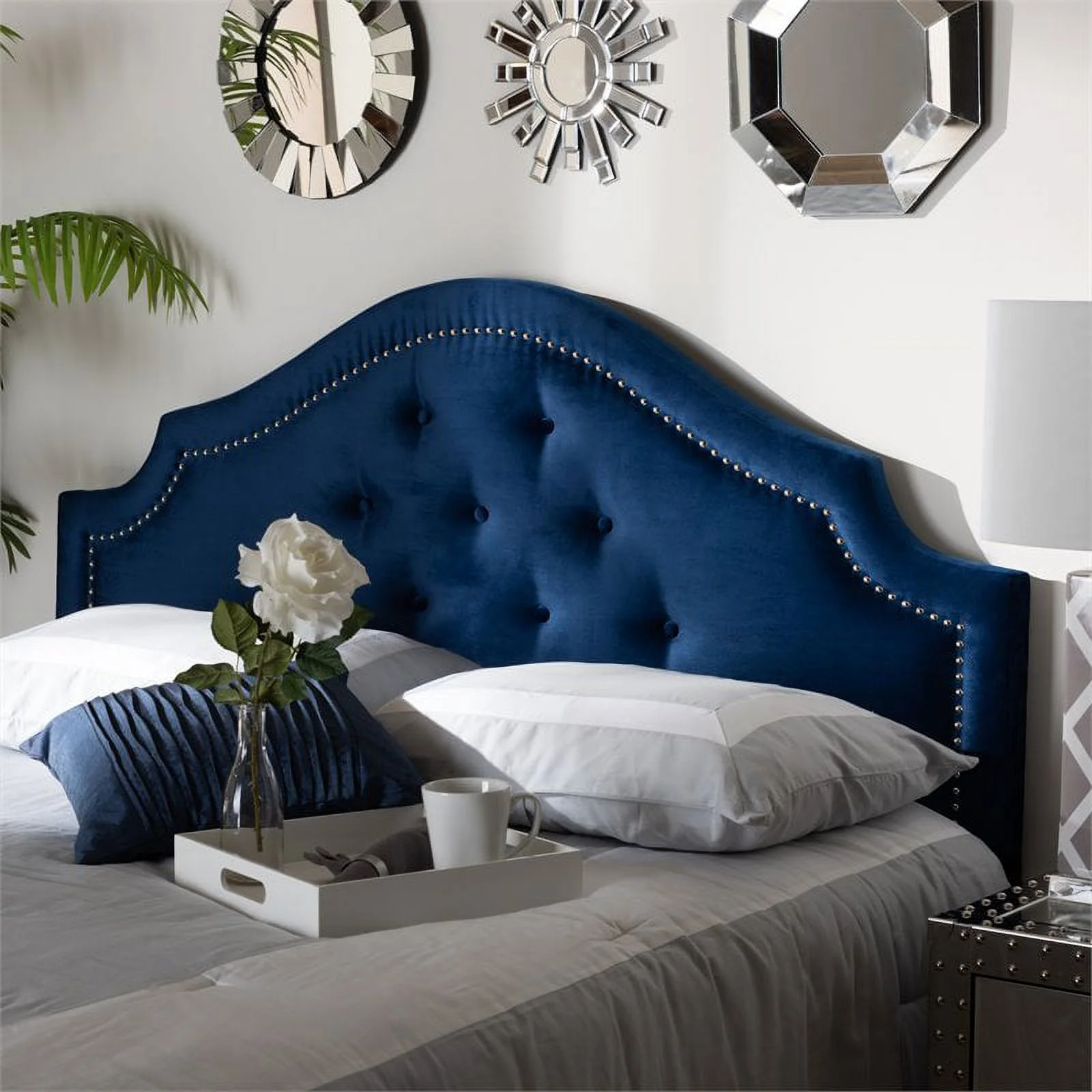 Bowery Hill Modern Velvet Tufted and Queen Headboard in Blue