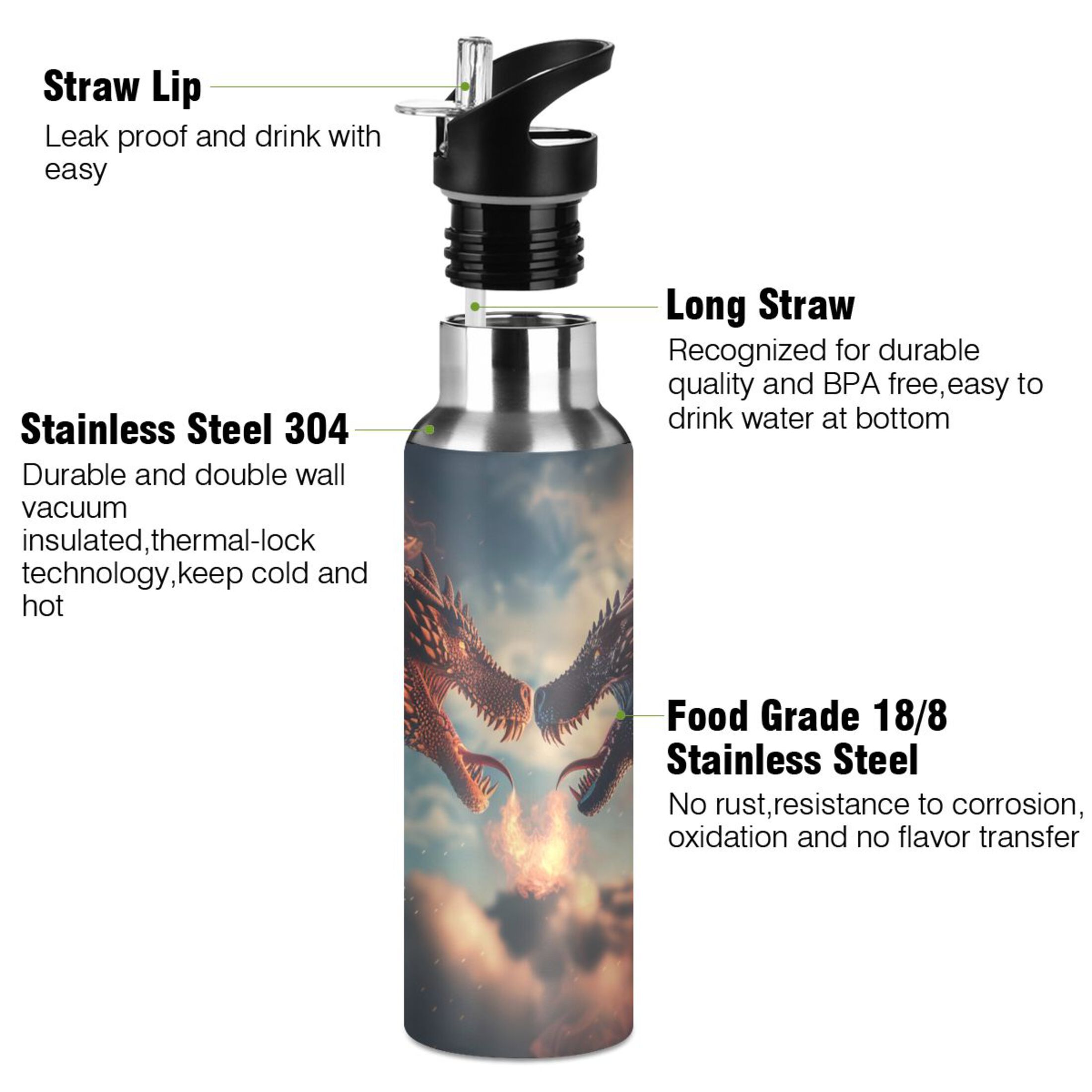 Two Dragons Fire in Sky Water Bottles Insulated Thermos Kids Stainless Steel Bottle with Straw Lid Flask Leakproof for Sports Gym 20 oz