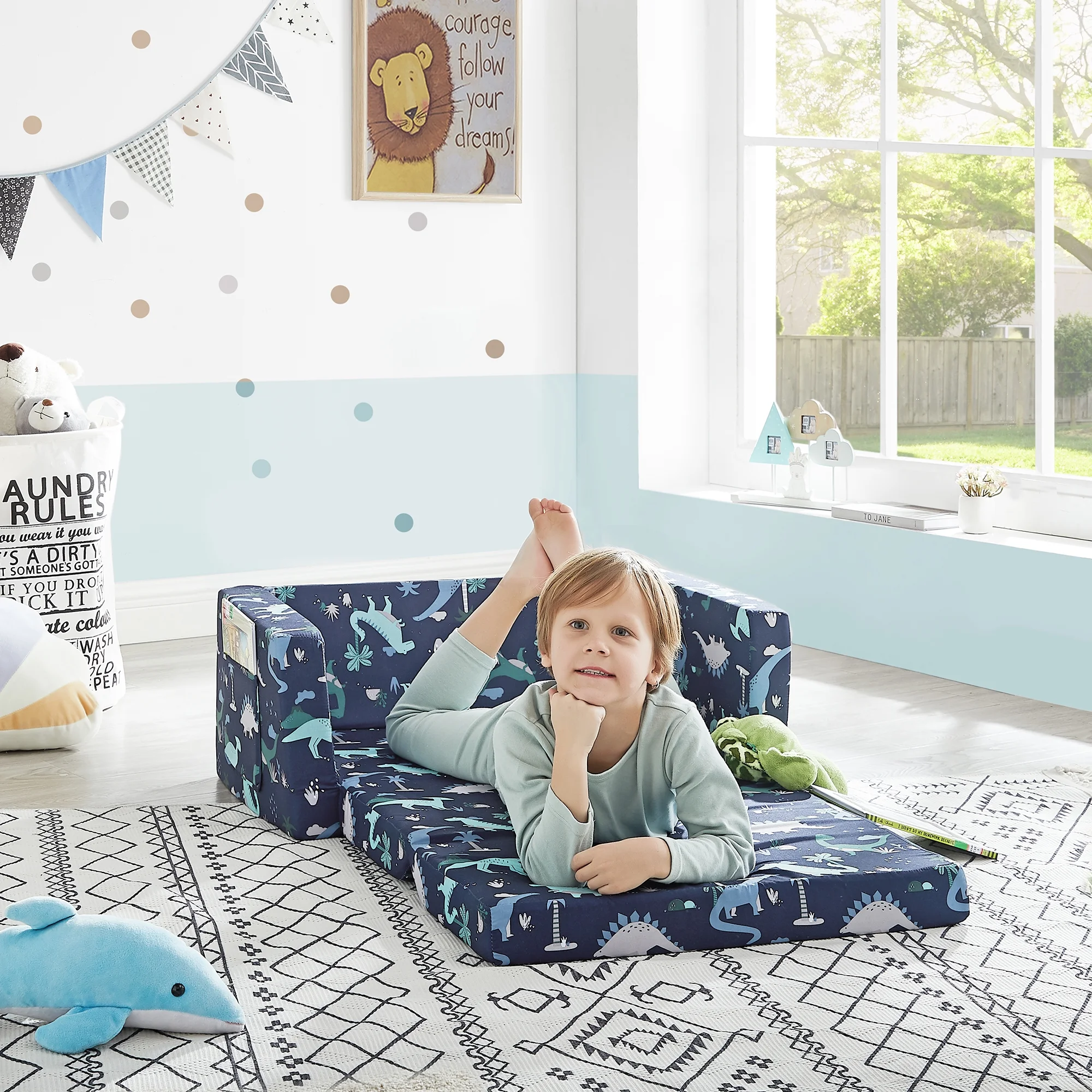 Ulax Furniture Convertible 2-in-1 Flip Open Kids Loveseat/ Couch/ Sleeper Sofa (Navy Dinosaur)