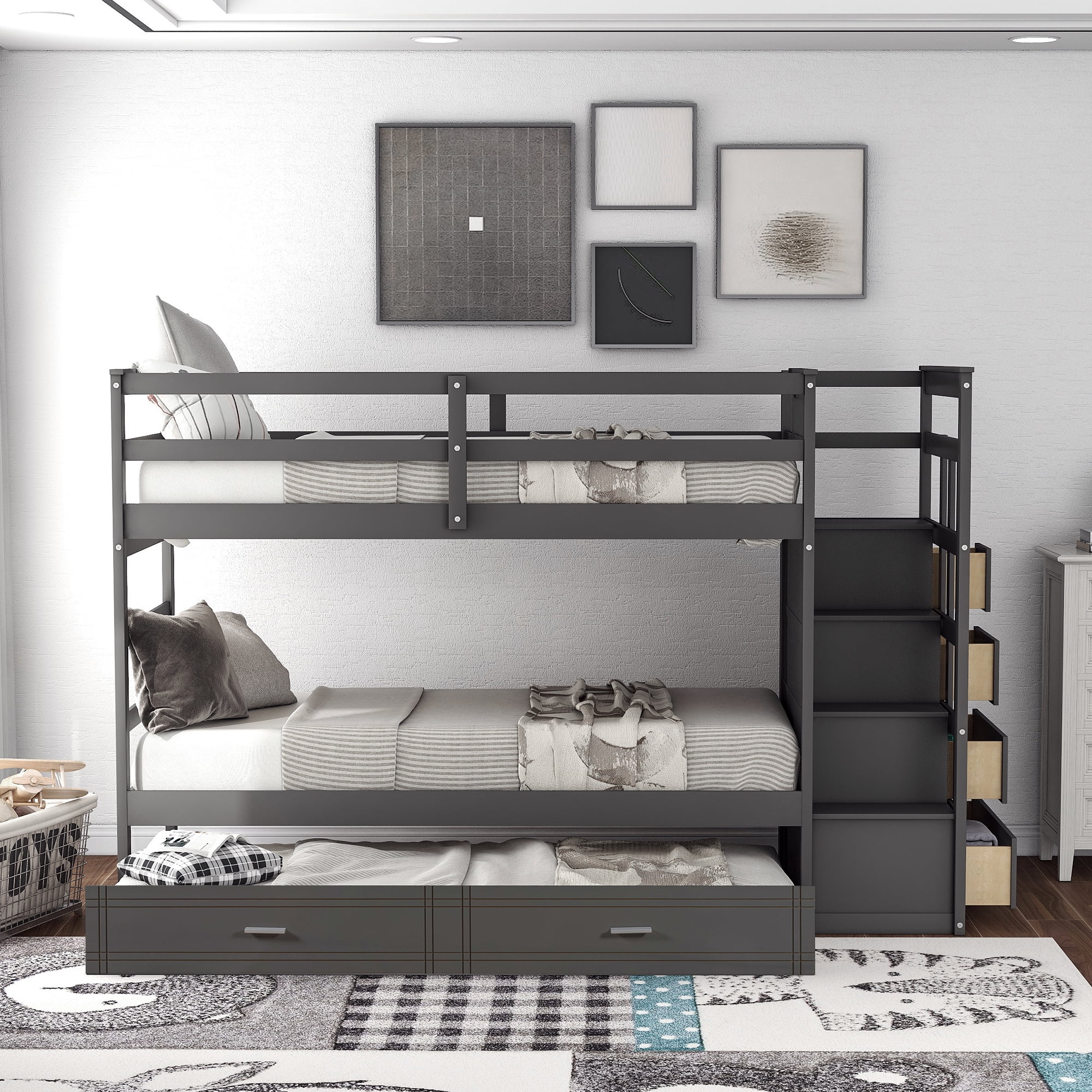 Twin Over Twin Bunk Bed with Trundle and Staircase, Solid Wood Bunk Bed Frame with 4 Storage Drawers and Guardrails, No Box Spring Needed