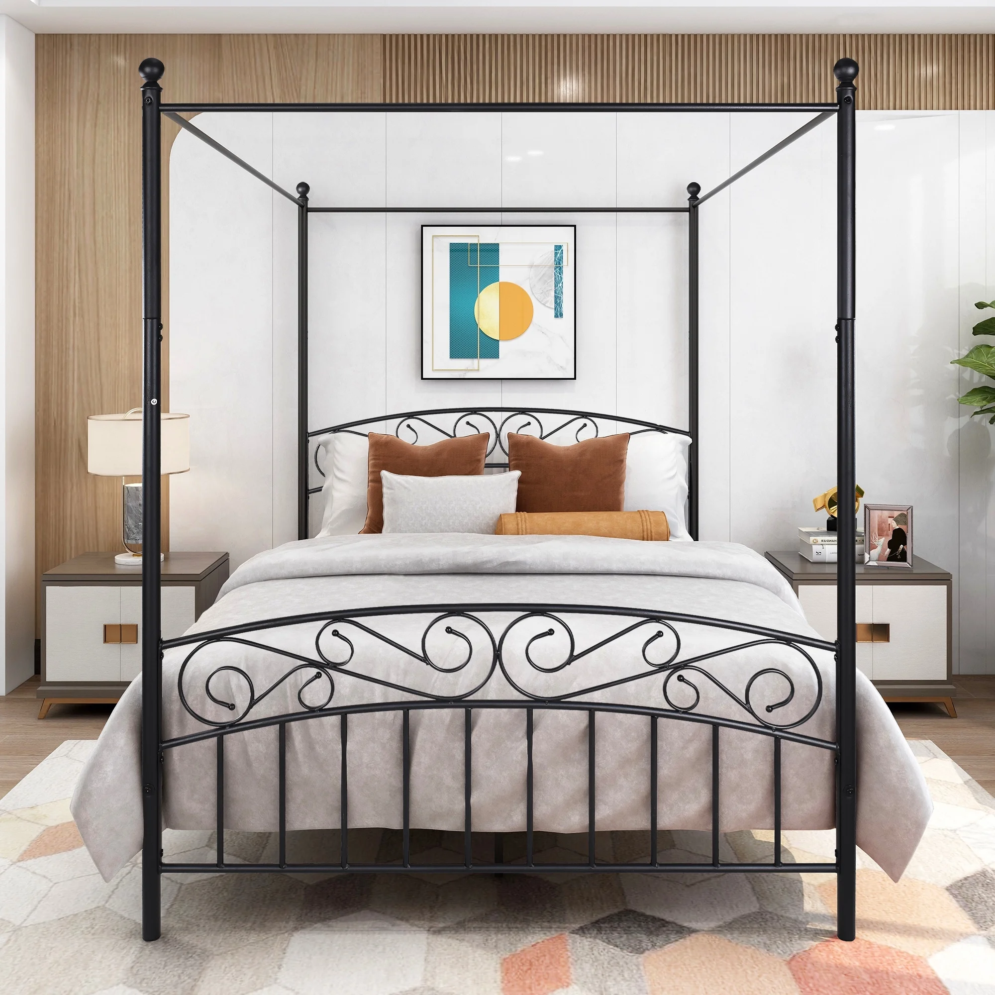 Queen Size Metal Canopy Bed, Metal Frame with Ornate European Style Headboard & Footboard Sturdy Steel