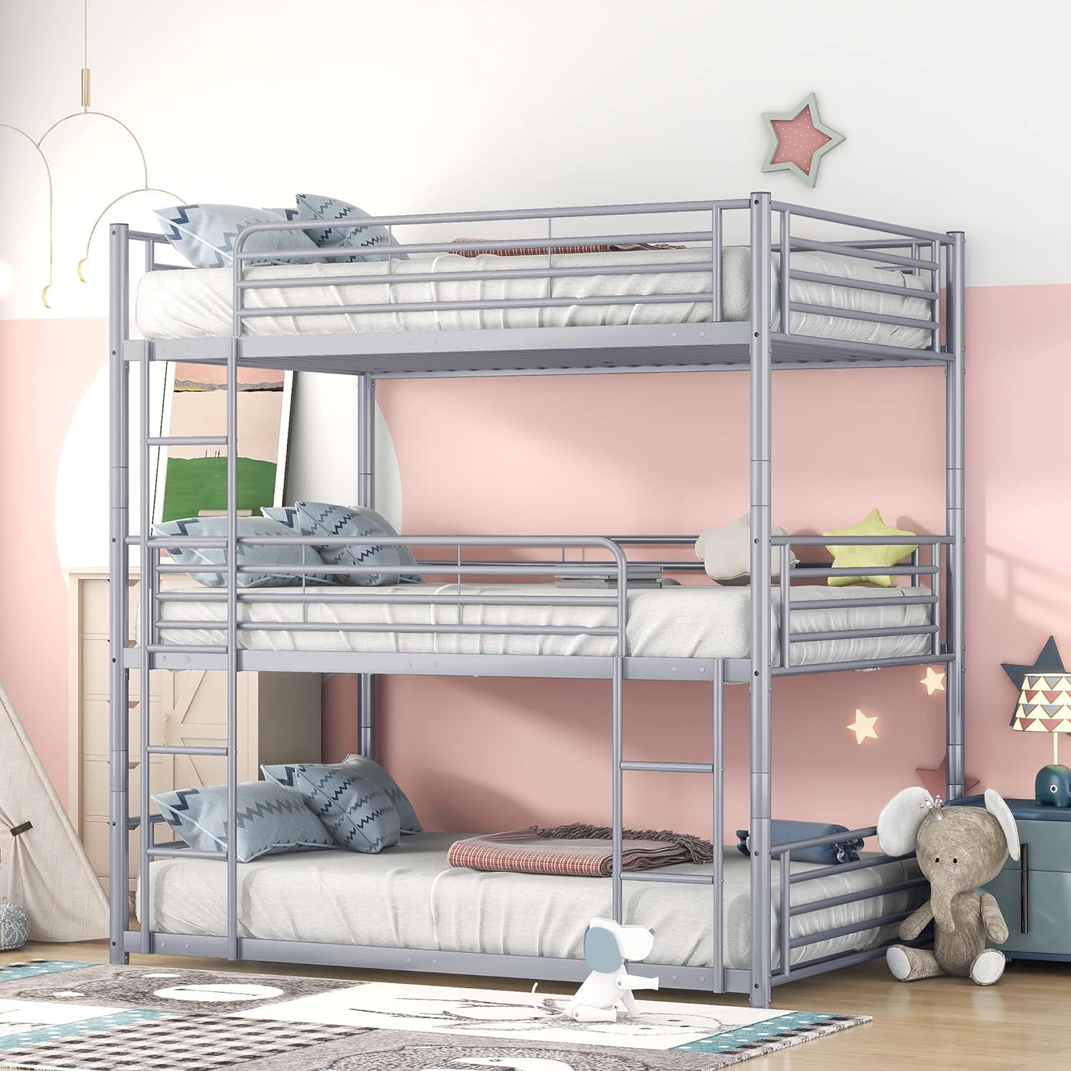 Triple Bunk Beds For Adults Full Over Full Over Full Metal Bunk Bed For Three Kids, Teens, Industrial 3 Bunk Bed Frame Can Be Divided Into 3 Separate Full Size Beds, Gray