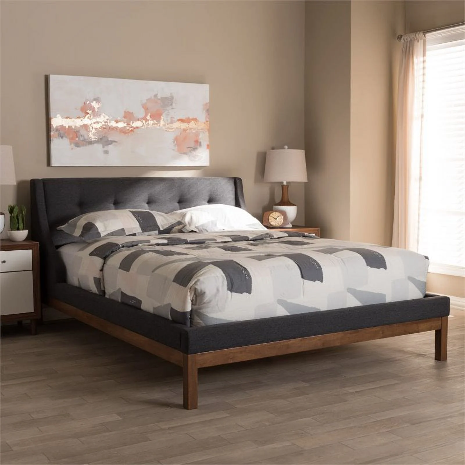 Baxton Studio Louvain Contemporary Upholstered Platform Bed, Queen, Dark Grey/Brown