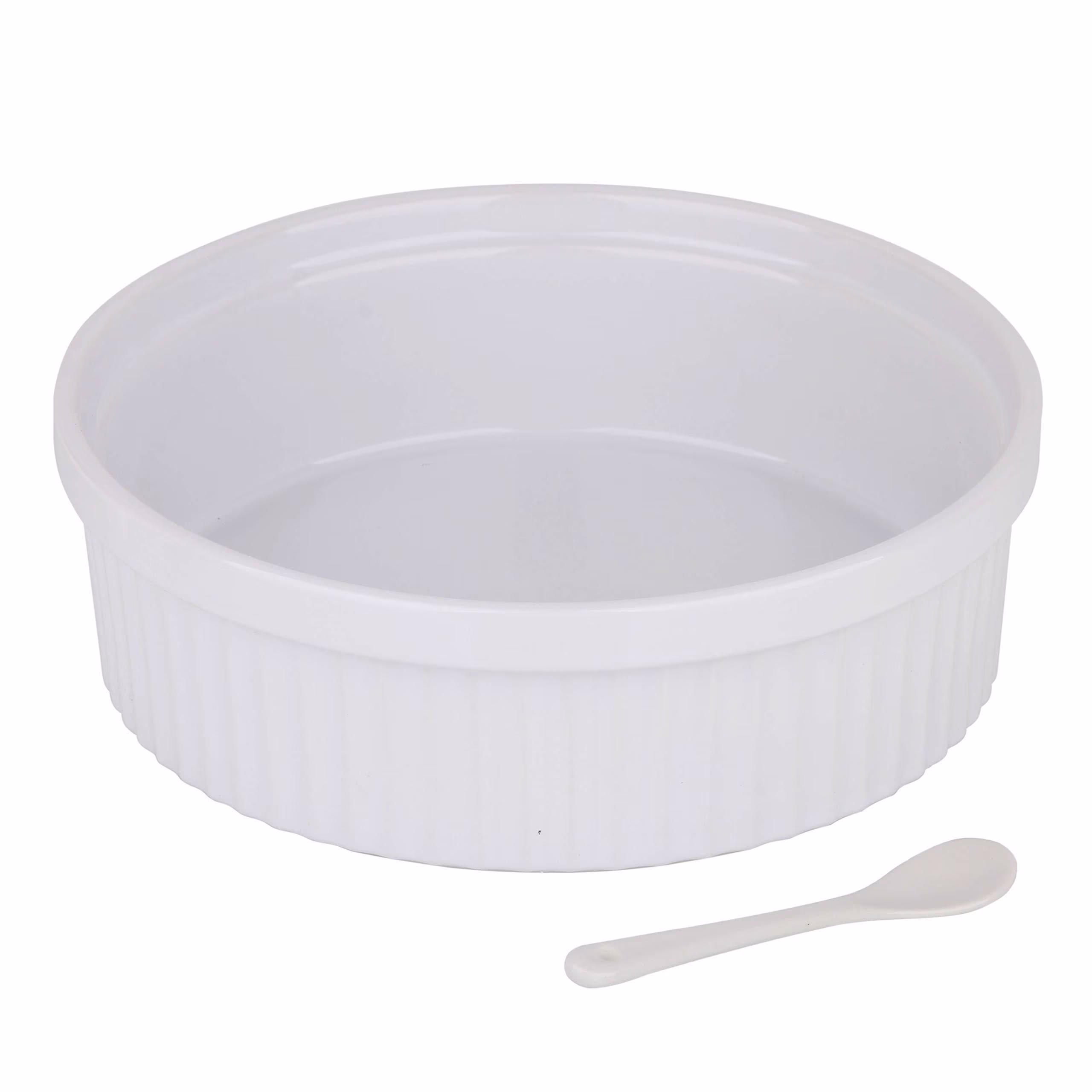 Souffle Dish Ramekins for Baking - 48 Oz, 1.5 Quart Large Ceramic Oven Safe Round Fluted Ramekin Bowl with Mini Condiment Spoon for Souffle Pot Pie Casserole Pasta Roasted Vegetables Baked Desserts