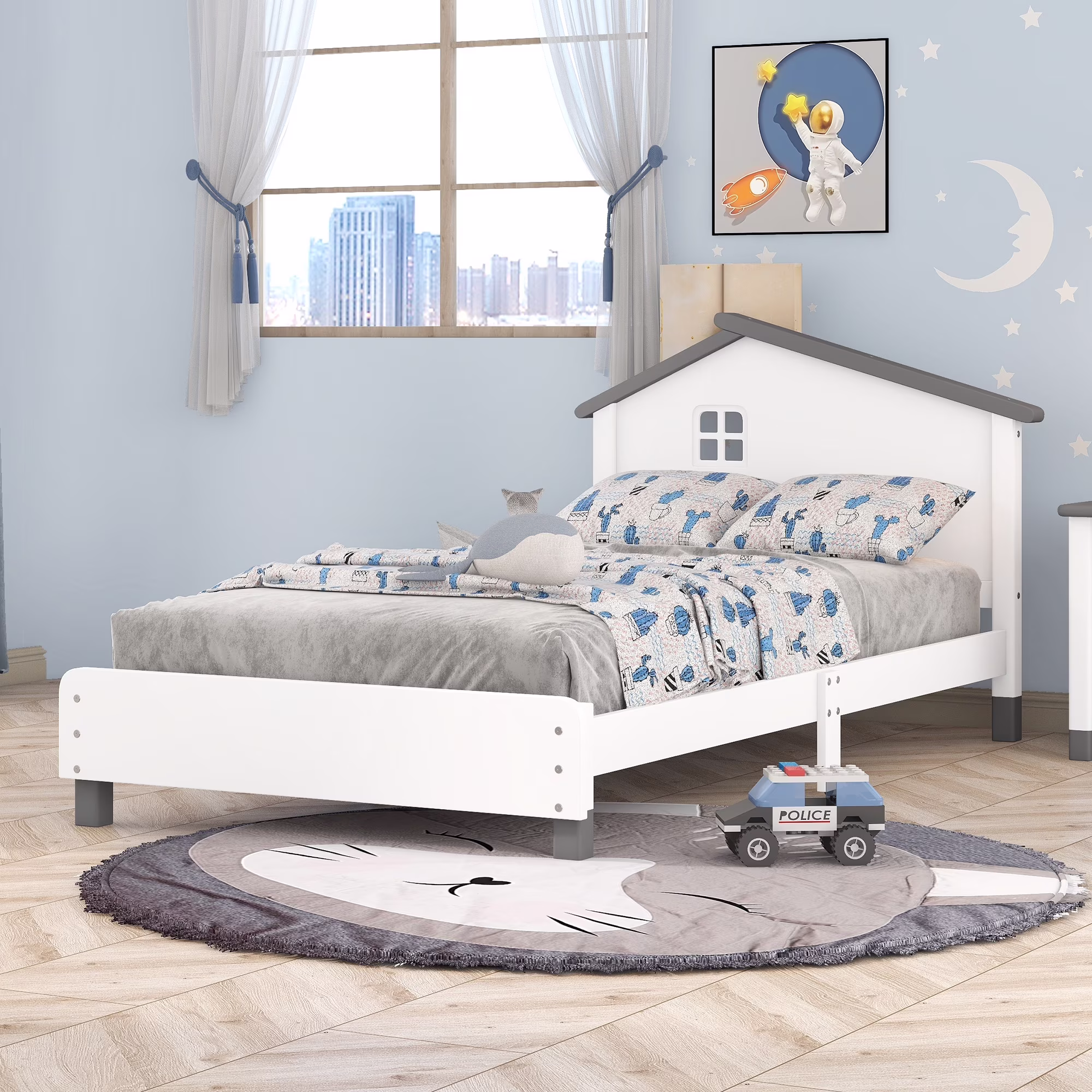 LYPER Twin Size Wood Platform Bed with House-shaped Headboard (White+Gray)
