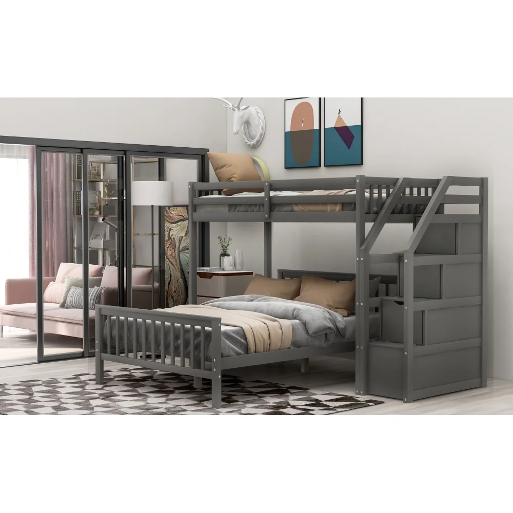 Cosymart Twin over Full Loft Bed with Staircase,Gray(OLD SKU:SM000107AAE)