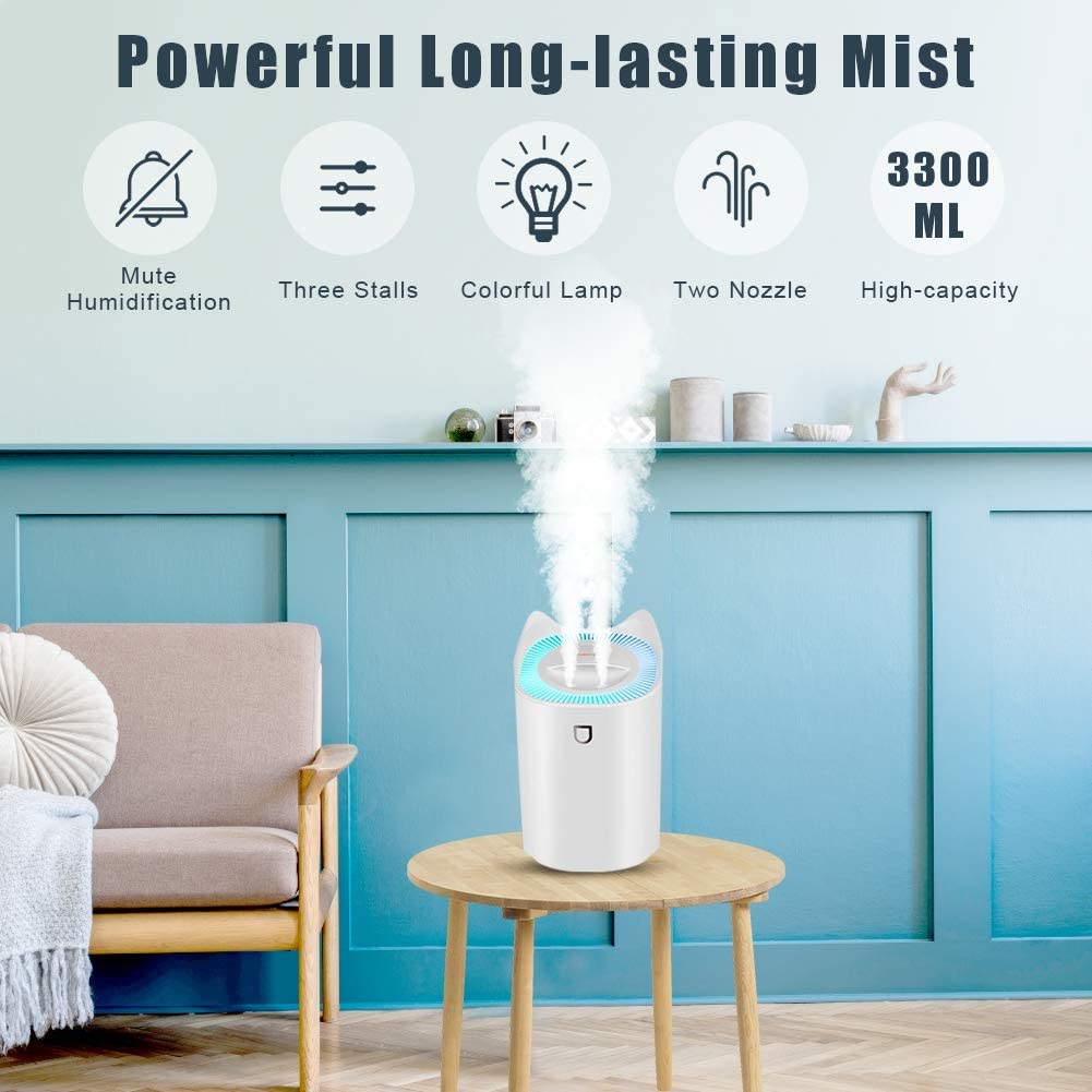 Cool Mist Humidifier,3L Large Water Tank Humidifier For Bedroom,Whisper Quiet Air humidifier with 2 Nozzle,3 Mist Modes Baby Humidifier Lasts Up to 24 Hours,Automatic Shut-Off and Night Light Function