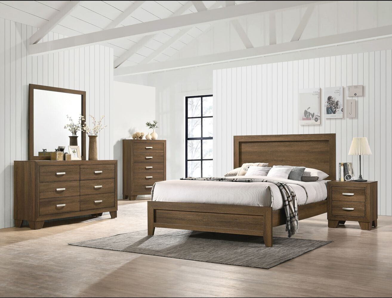 Contemporary Oak Finish Bedroom 4pc Set Queen Size Panel Bed Nightstand Dresser Mirror
