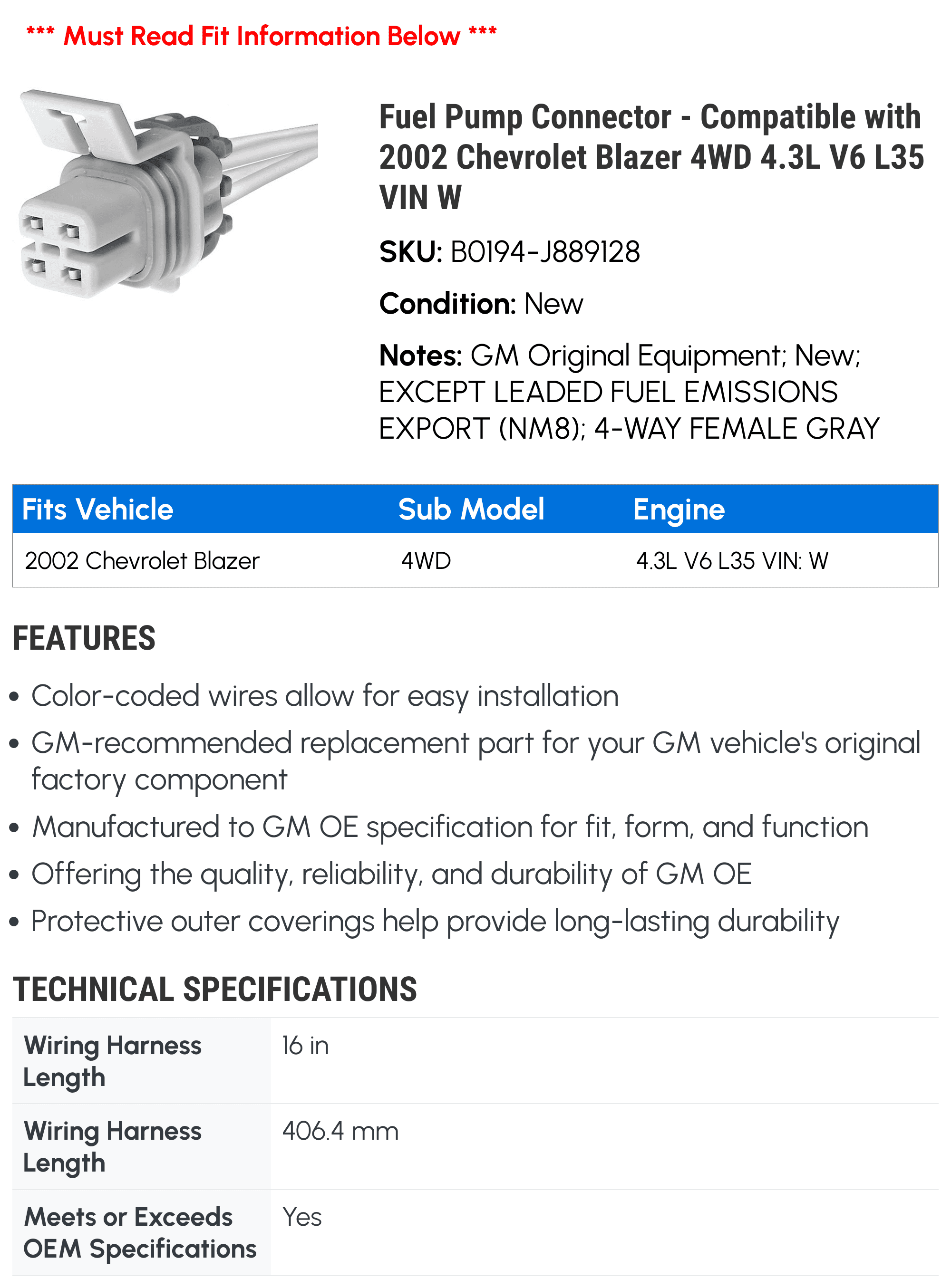Fuel Pump Connector - Compatible with 2002 Chevy Blazer 4WD 4.3L V6 L35 VIN W
