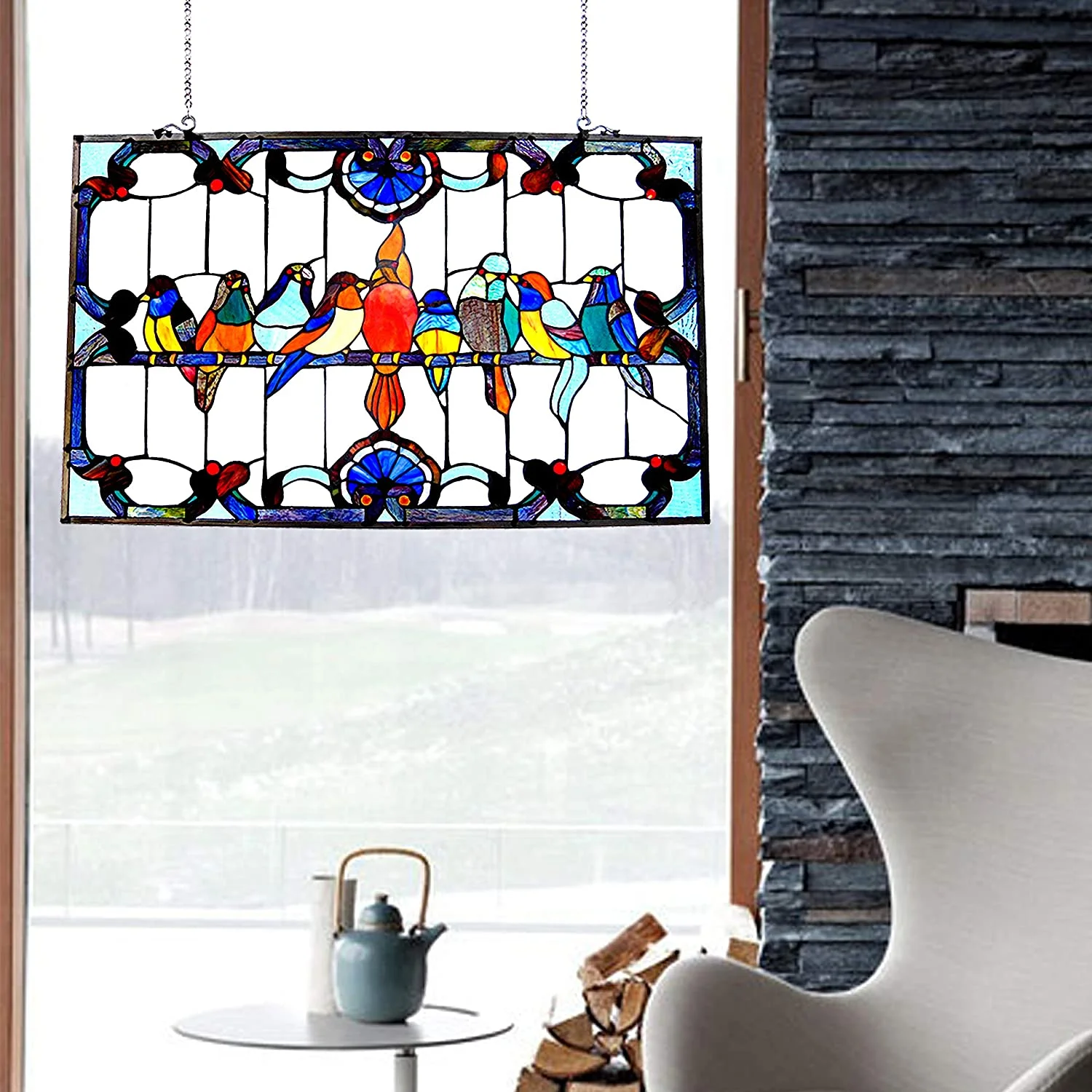 RADIANCE Goods Tiffany-Glass Featuring Gathering Birds Window Panel 32x20