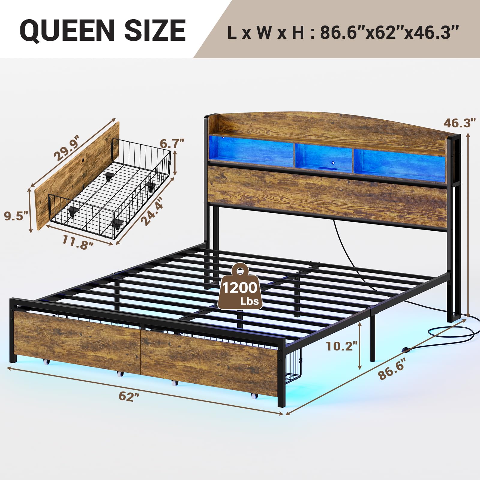 LED Bed Frame Queen Size with USB-C/A Charging Station,Metal Platform Bed with RGB Lights Headboard&Storage Drawers,Vintage Brown&Black