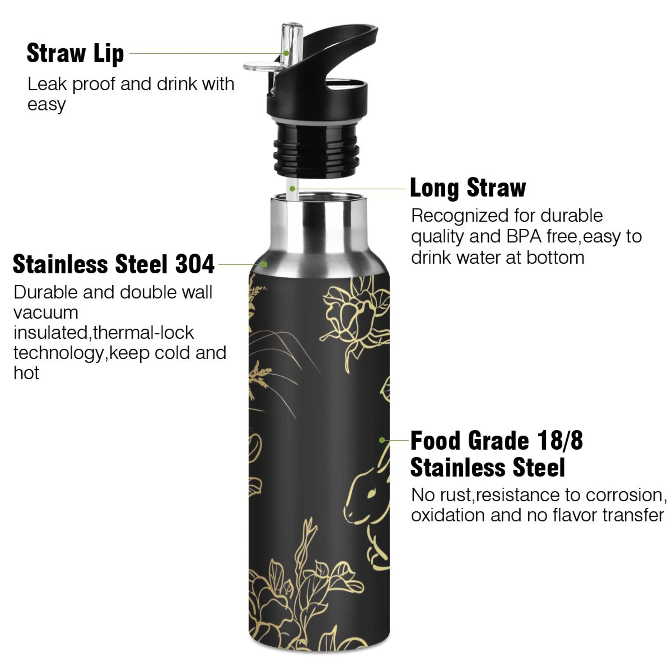 Stainless Steel Water Bottle Rabbit Cute Flower with Straw Lid Vacuum Insulated Leak Proof Flask Jug for Gym Travel Sports Cycling Outdoor 20 OZ