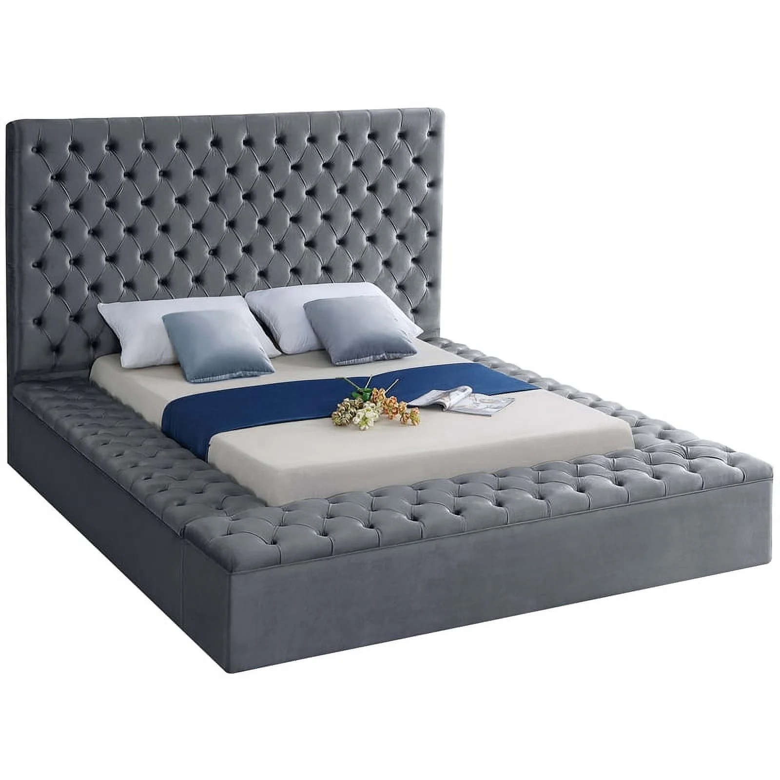 Bliss Grey Velvet Queen Bed (3 Boxes)-Color:Grey Velvet,Style:Contemporary