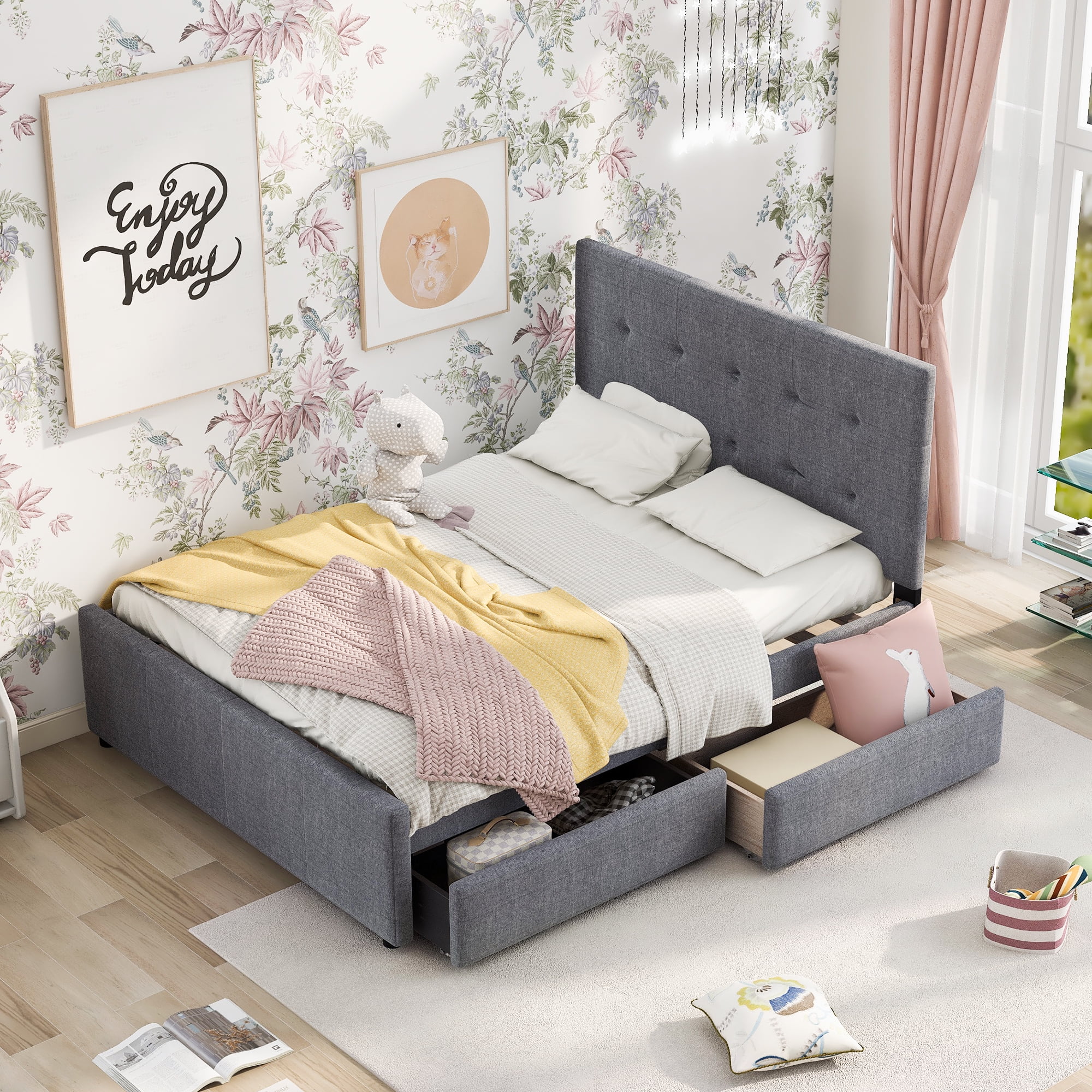 EUROCO Queen Size Linen Upholstered Platform Bed with Two Drawers, Gray