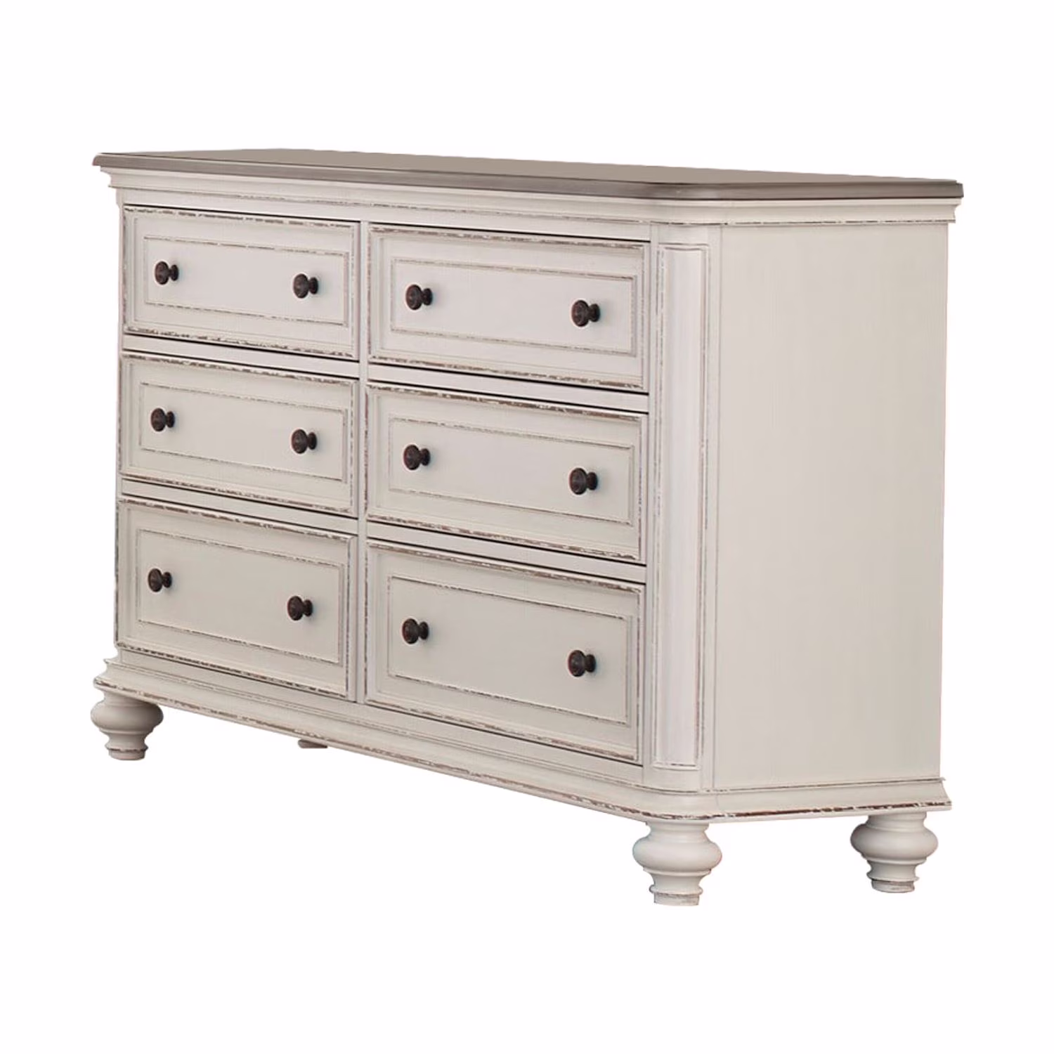 Benjara 6 Drawer Wooden Dresser with Distressed Detail, Antique White and Brown