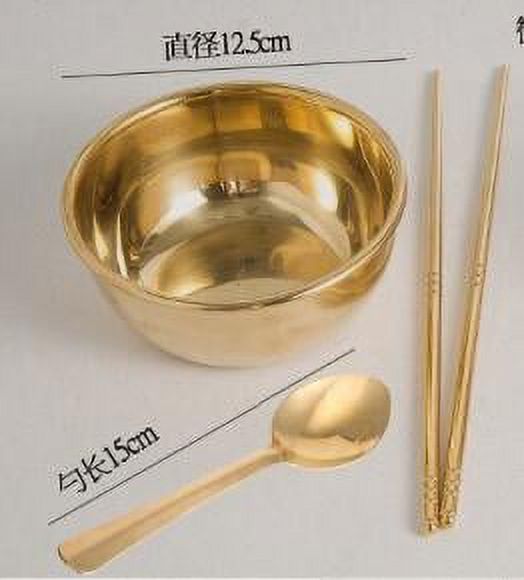 99.9% Pure Brass Bowl Chopsticks Spoon Set, Brass Bowl Diameter-4.9 inches Heigth 2 inches, Chopsticks9.6 inches, Spoon 5.9 inches