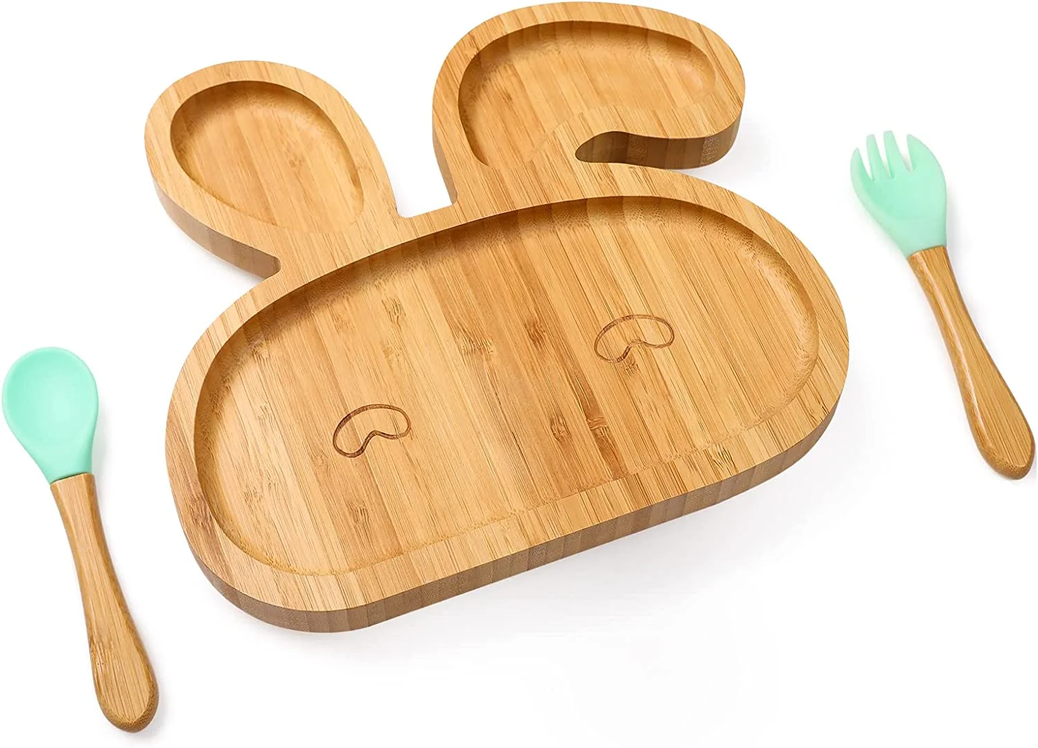 Baby Bamboo Suction Plates Set with Spoons & Fork, Baby Food Dishes Feeding Set for Led Weaning Plate, Baby Utensils Set, BPA Free (Green Bunny)