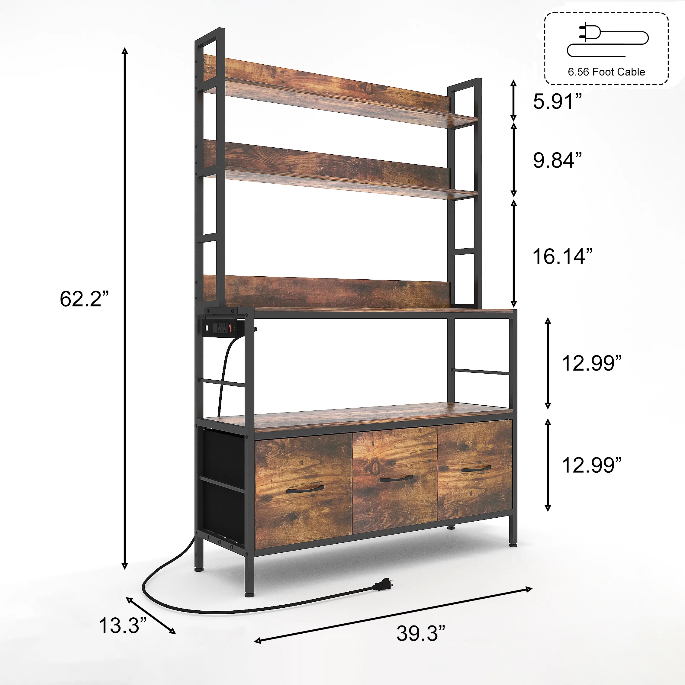 NAIYUFA Bakers Rack Large Capicity Brown 5-tier ,3 Pull Out Baskets Wood Kitchen Shelf with Power Outlets