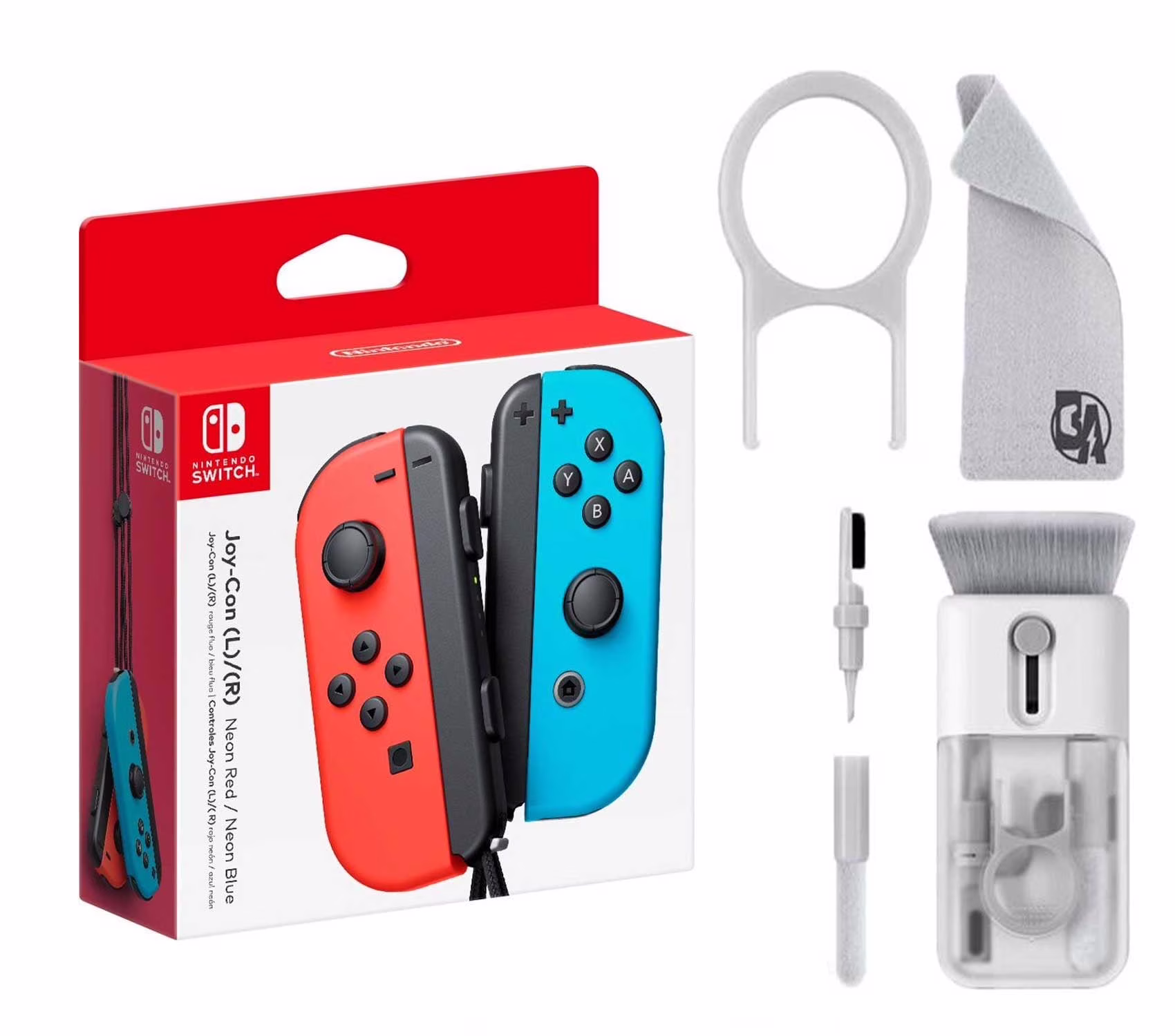 Joy-Con (L/R) Wireless Controllers for Nintendo Switch - Neon Red/Neon Blue With Cleaning Electric kit Bolt Axtion Bundle Like New
