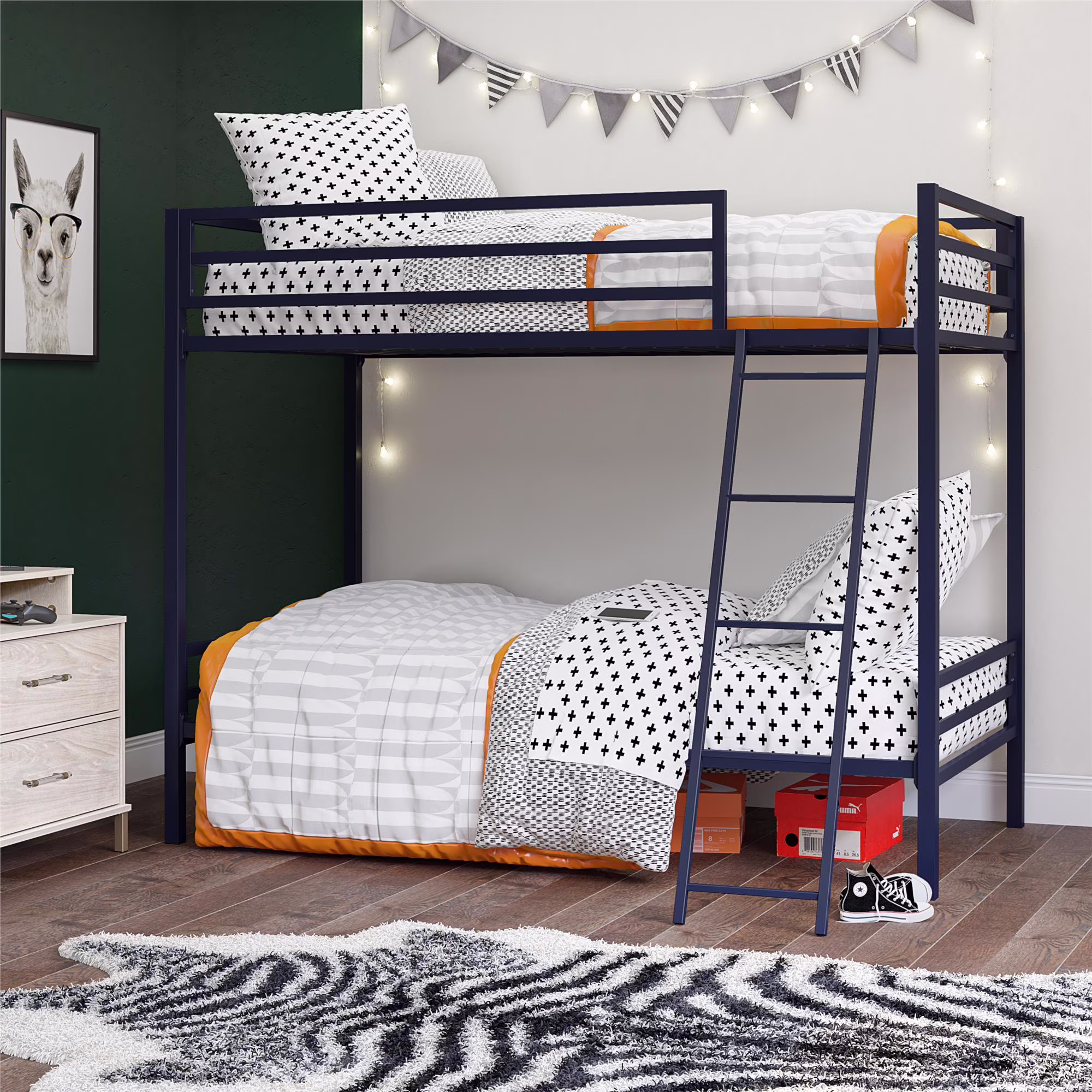 Novogratz Maxwell Twin-Over-Twin Metal Bunk Bed with Ladder and Guardrails, Easy Assembly, Navy Blue