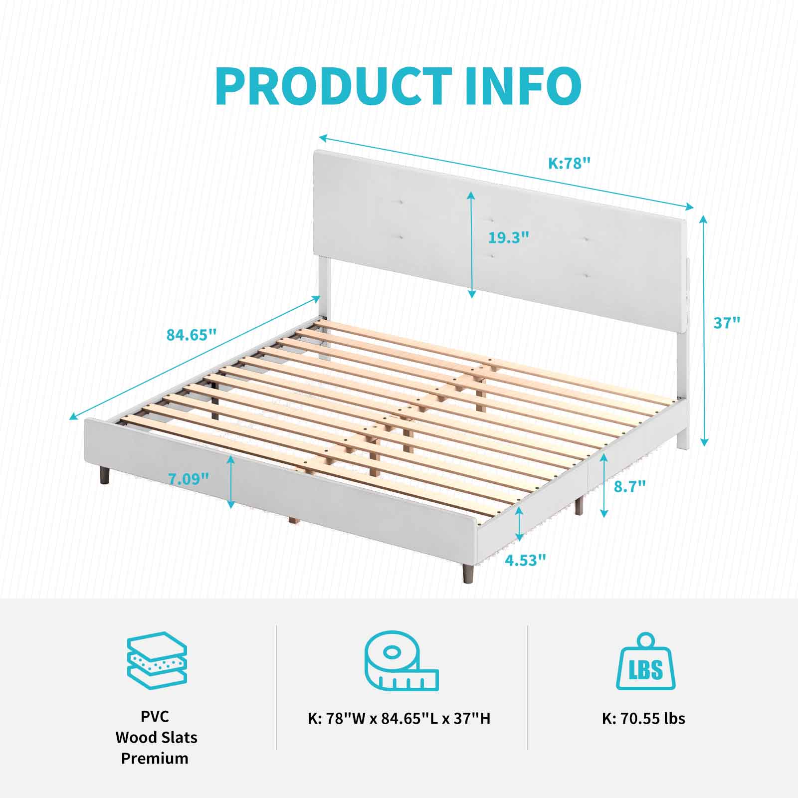 CECER King Size Bed Frame with Smart RGB LED Lights Button Tufted Headboard PVC Fabric Upholstered Platform No Box Spring Needed-White