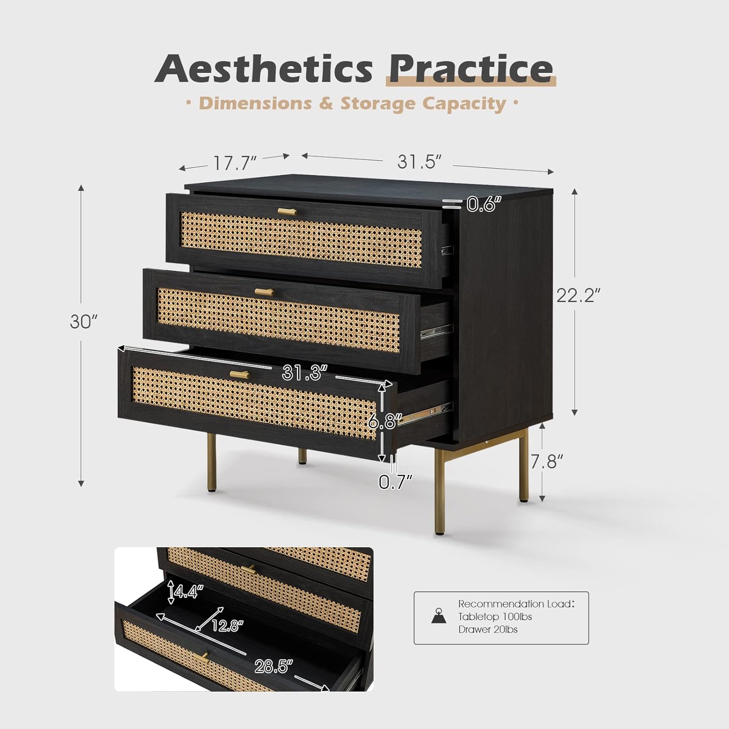 Dresser For Bedroom With 3 Drawers, Wood Chest Of Rattan Decorated Drawers, Boho Century Modern Tall Dressers For Small Spaces, Black