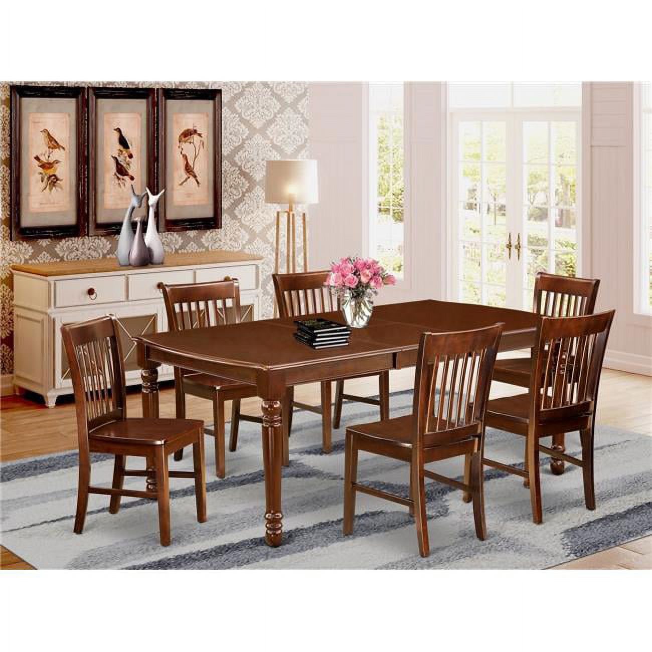 East West Furniture Dover 7-piece Wood Chairs and Dining Table in Mahogany
