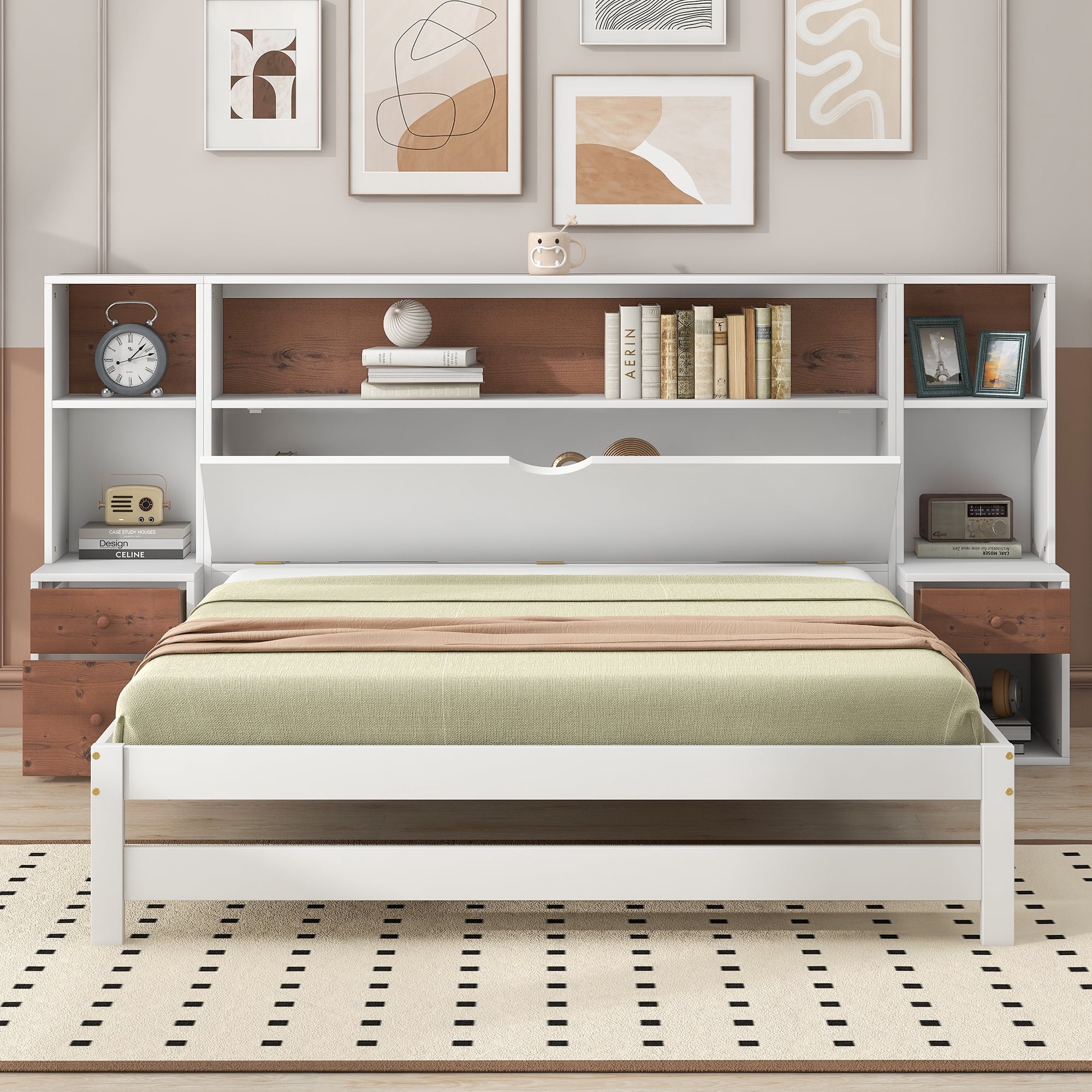 Solid Wood Platform Bed, Wooden Slats Support, Storage Platform Bed with Storage Headboard and Drawers, No Box Spring Needed, Easy Assembly(White, Full)