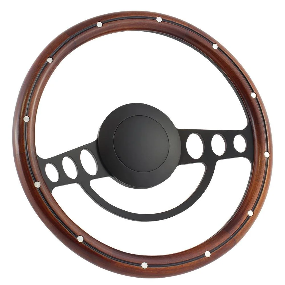 67-74 FORD Bronco Full-size 14 Inch Black (9 Hole) Classic Steering Wheel Mahogany Wood with Aluminum Rivets Half Wrap