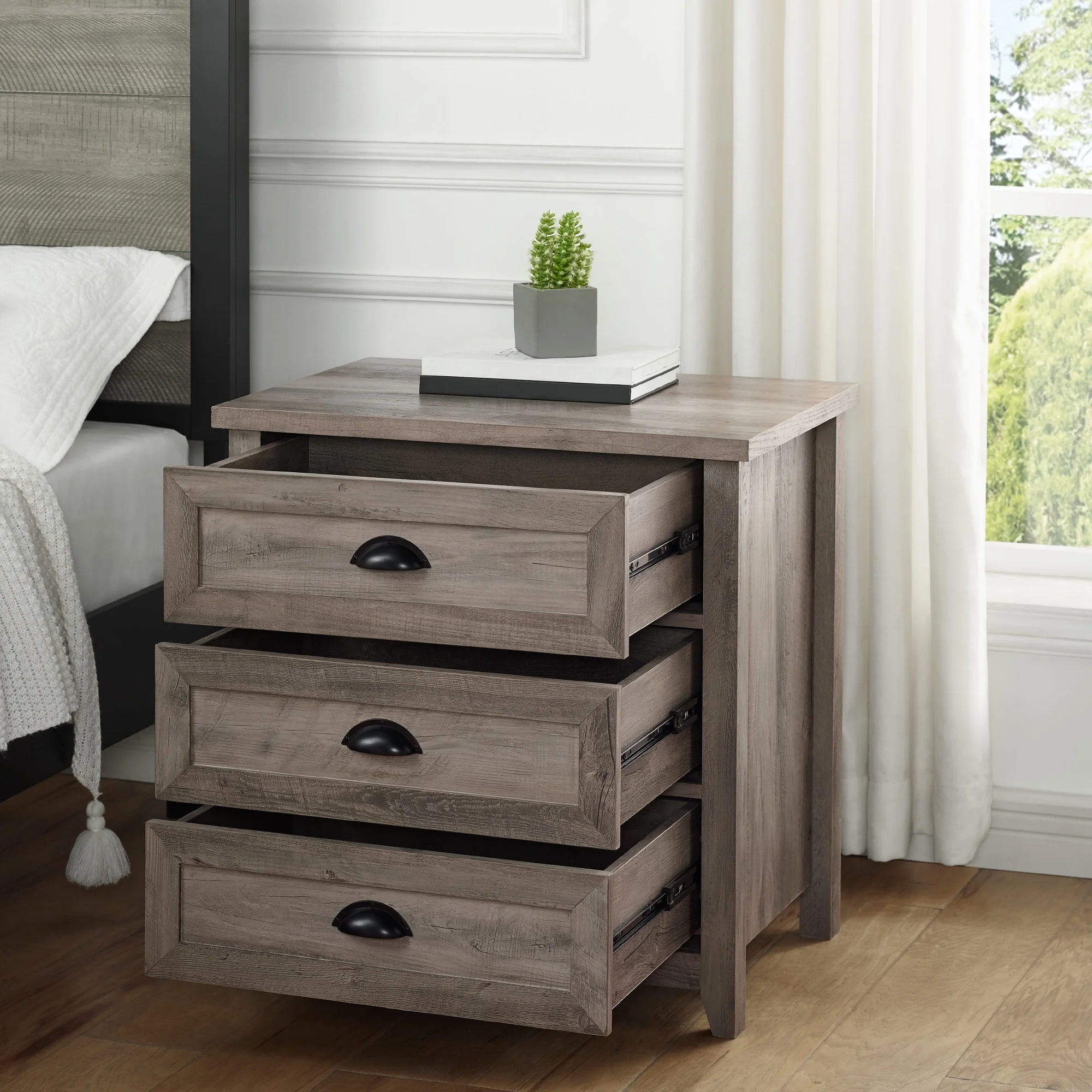 Walker Edison Farmhouse 3 Drawer Nightstand, Grey Wash