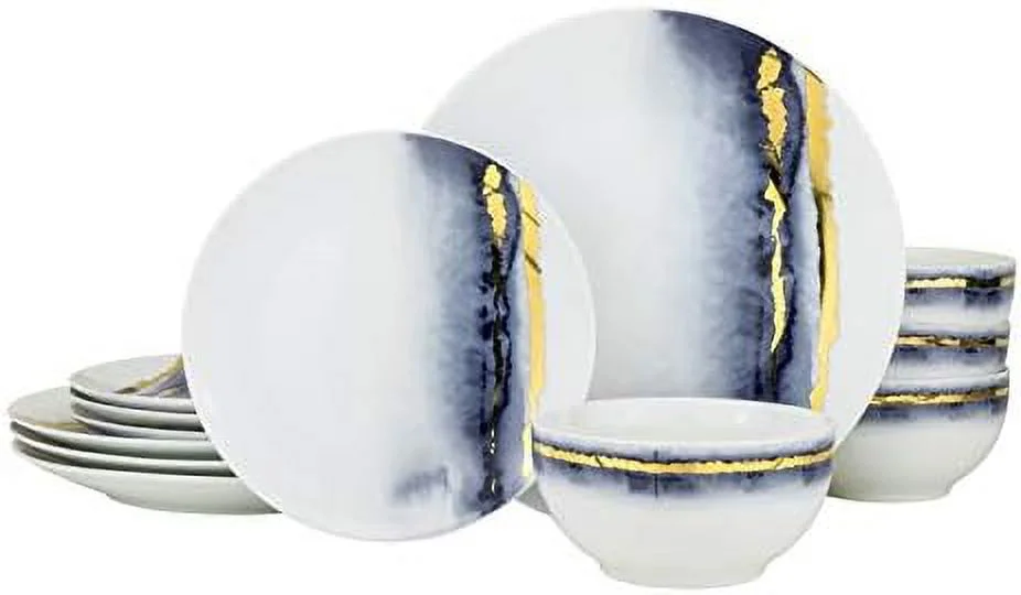 12 Pc. Marble Dining Dish Set Fine China Tableware W/ 24K Plate Accents - Service For 4