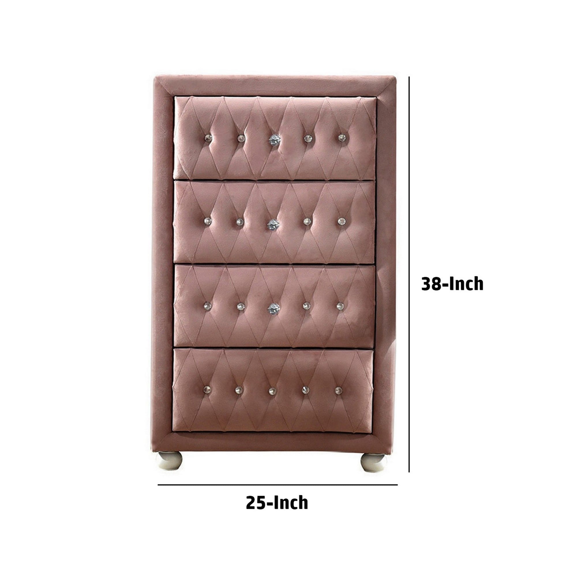 Rex 38 Inch Tall Upholstered Dresser Chest, 4 Drawer, Crystal Handles, Pink