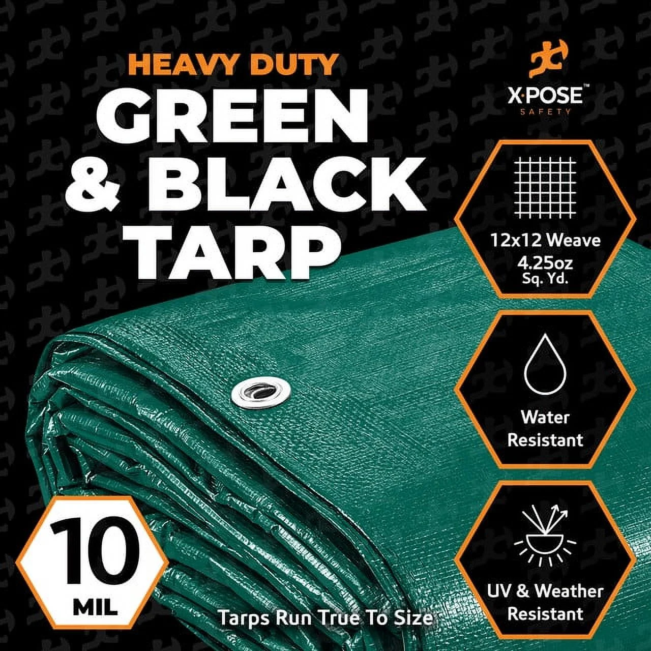 Heavy Duty Poly Tarp 20 Feet x 25 Feet 10 Mil Thick Waterproof, UV Blocking Protective Cover - Reversible Green and Black - Laminated Coating - Rustproof Grommets - by Xpose Safety