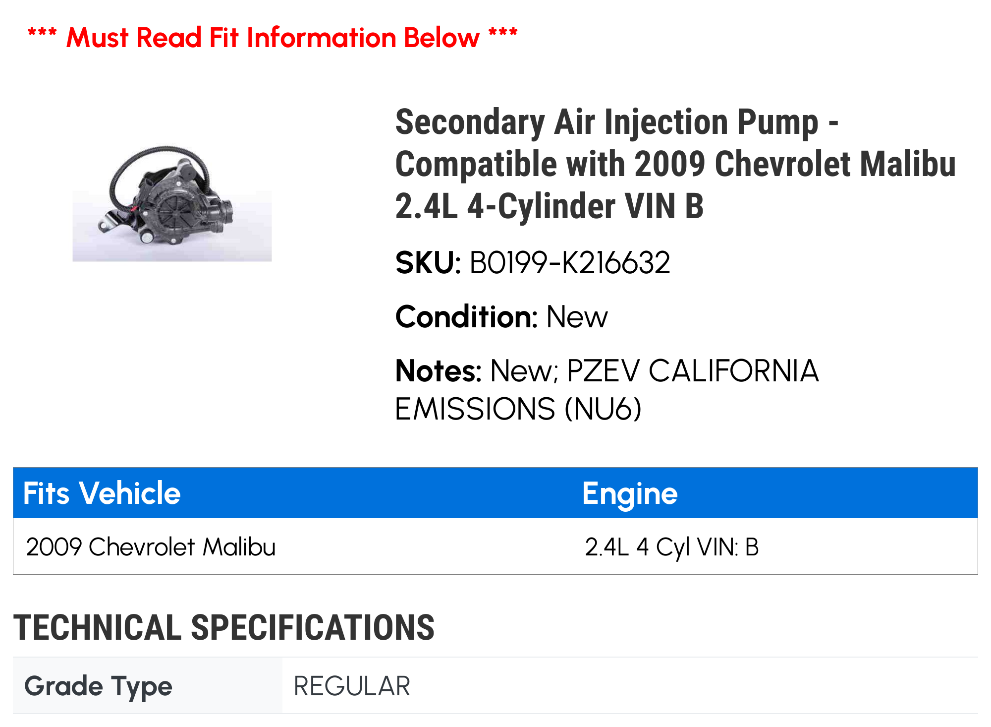 Secondary Air Injection Pump - Compatible with 2009 Chevy Malibu 2.4L 4-Cylinder VIN B