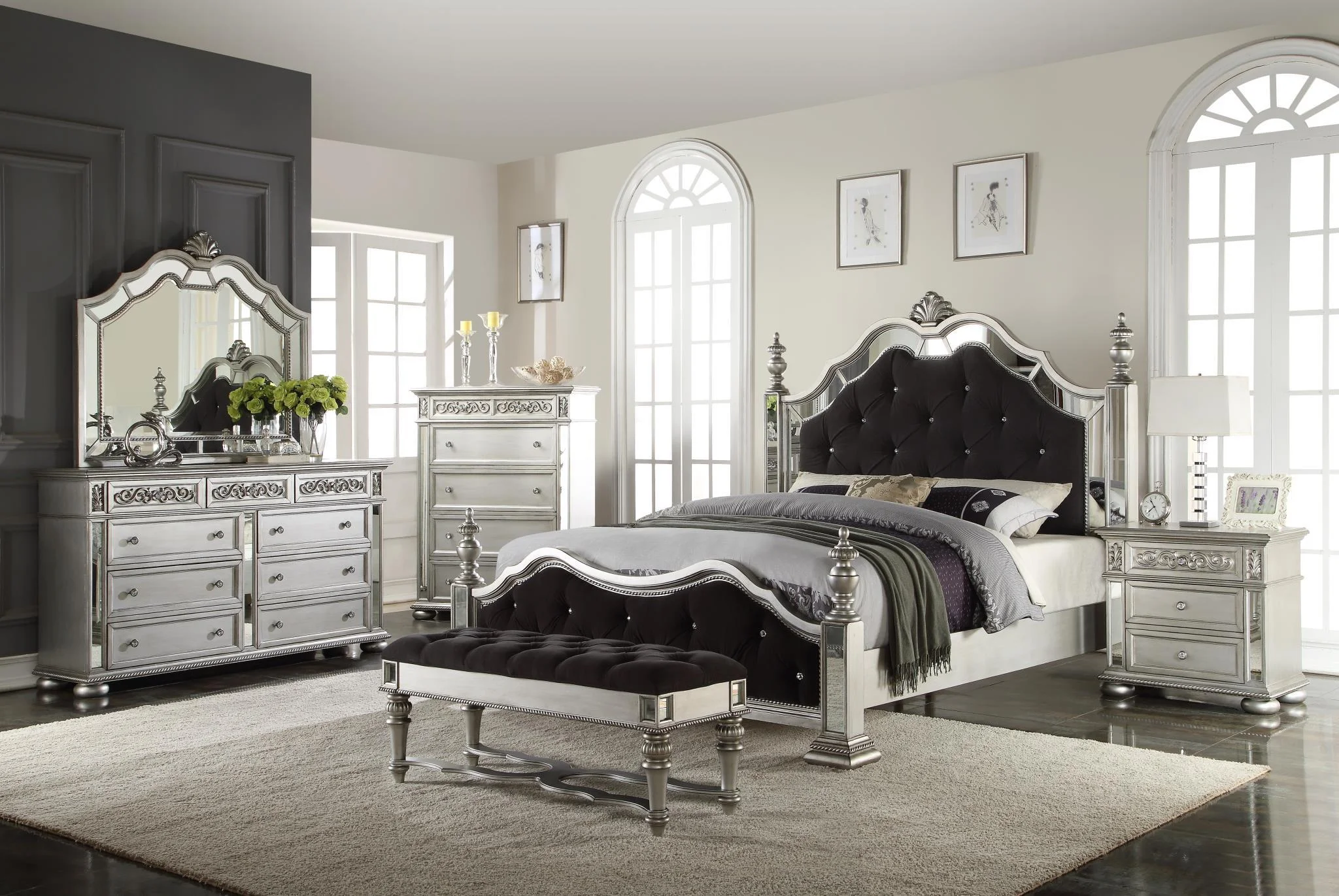 Glam Black Silver & Mirror King Poster Bed McFerran B1722 Modern Contemporary