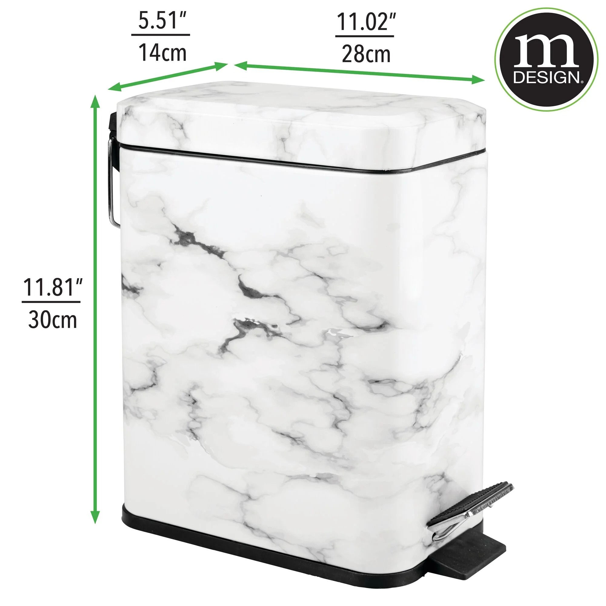 mDesign  1.3 Gallon Rectangle Metal Step Can, Liner/Handle, White Marble