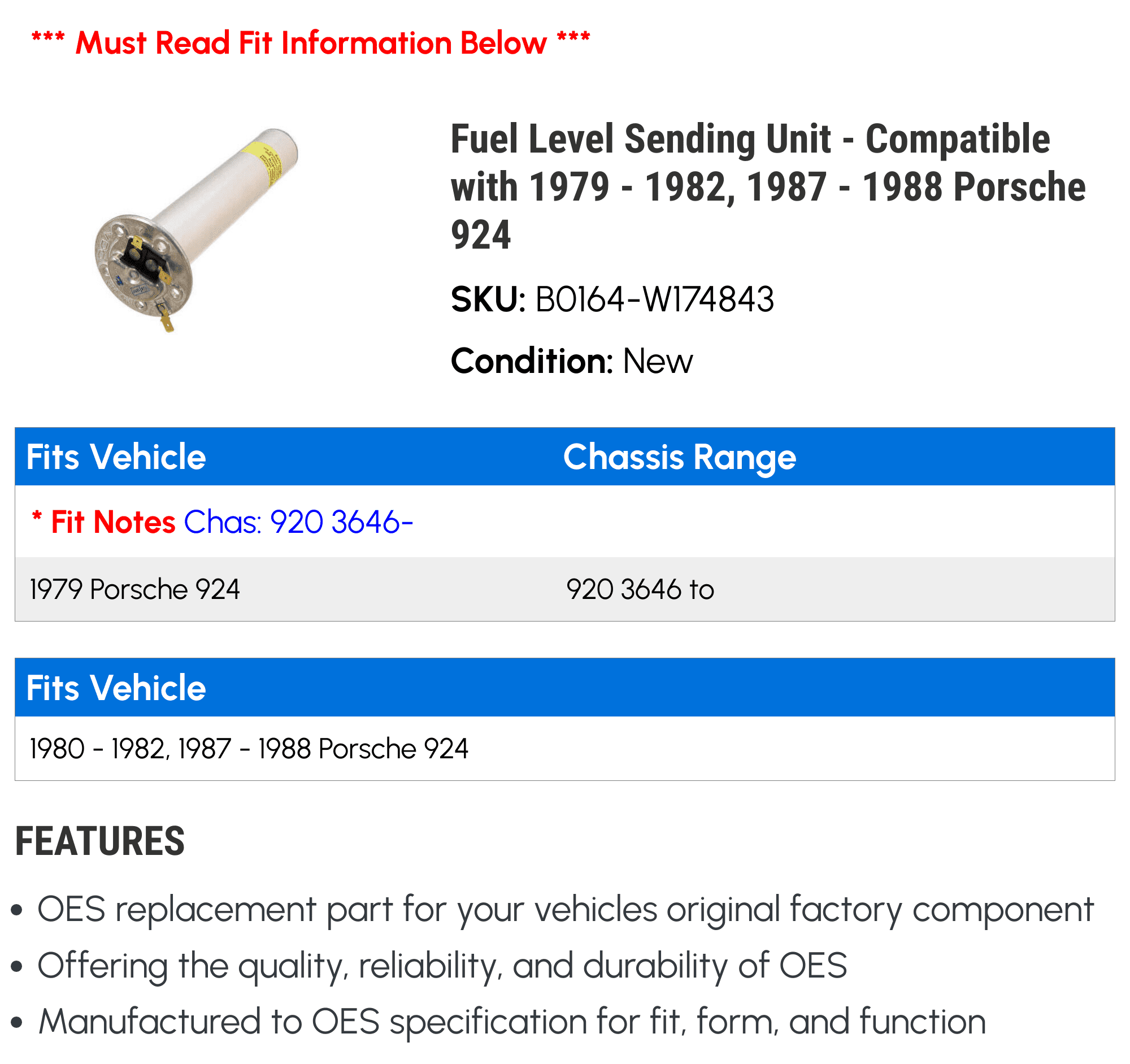 Fuel Level Sending Unit - Compatible with 1983 - 1984 Porsche 944